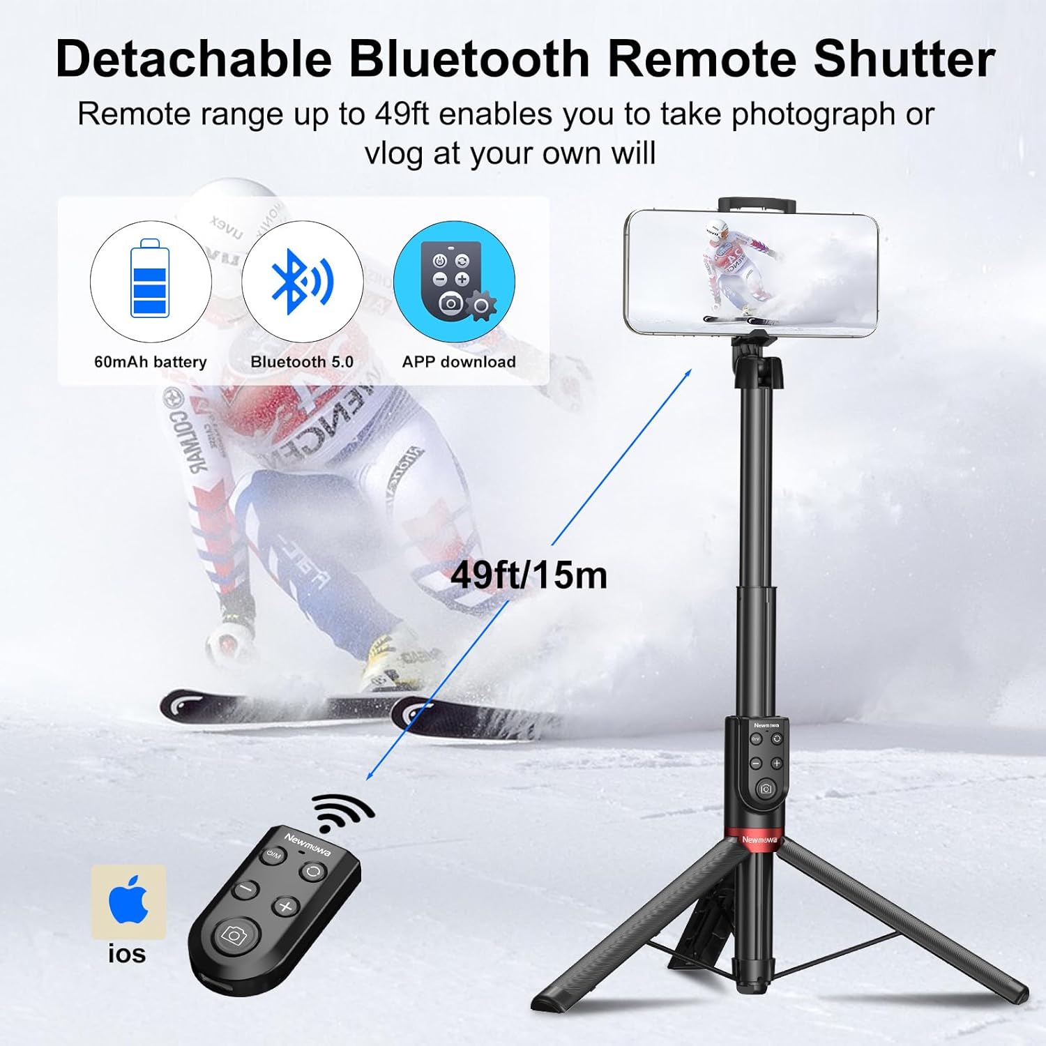 Image showing the selfie stick designed for iPhone, listing compatible models (iPhone 11, 12, 13Pro/Pro MAX, 14 Plus, 15, 15 Pro/Pro MAX) and the unique remote shutter with Bluetooth functionality.