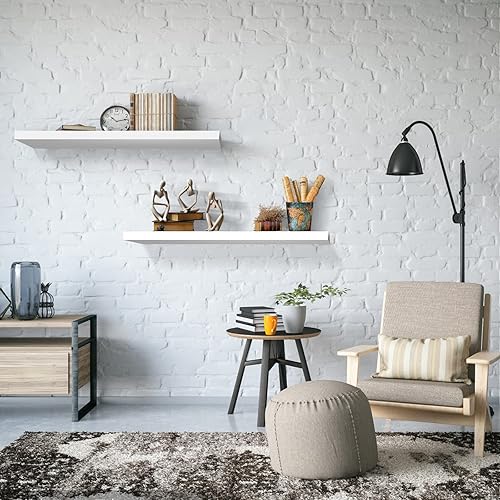 Miniatura 4 de SAUMONIERES Estantes flotantes de pared de 24 pulgadas para dormitorio, baño, montaje en pared, estantes de madera maciza, juego de 2, color blanco