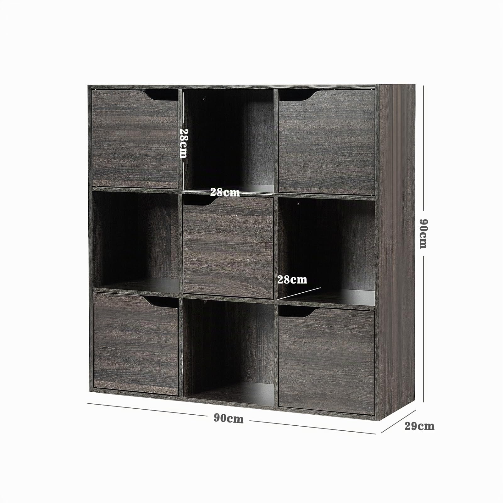 KOMFOTTEU Estantería con 9 Compartimentos de 3 Niveles, Librería de Madera con Puertas, Mueble de Almacenamiento de Pie con Cierre Magnético para Estudio, Oficina, Salón, 90 x 29 x 90 cm (Gris)