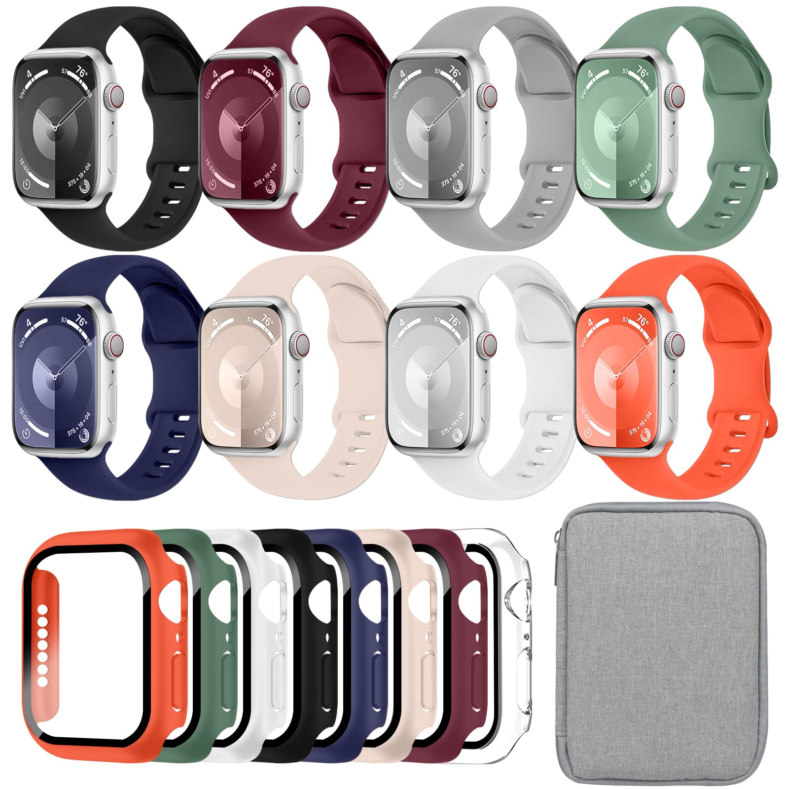 Lot de 8 étuis de montre de sport compatibles avec Apple Watch 40 mm, 41 mm, 44 mm, 45 mm, pour homme et femme, en silicone iWatch avec étui de rangement pour séries 9, 8, 7, 6, 5, 4, SE, SE2