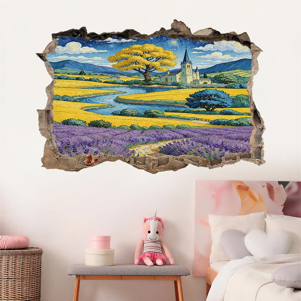 3D Wandtattoo Wanddurchbruch Wandaufkleber, Lavendelfelder Wandsticker Wanddeko Wandbilder, Baumburg-Landschaft Wandaufkleber Für Schlafzimmer Badezimmer Flur Küche Möbel Aufkleber