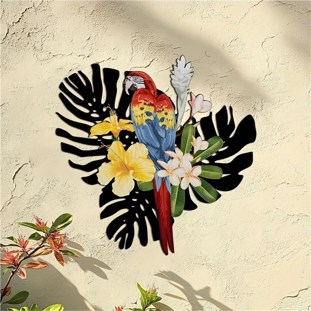 Tropical Macaw Parrot Wall Decor - 15.74-Inch Colorful Red, Blue, Yellow & Green Iron Sculpture with Hibiscus Flowers, Sturdy Indoor/Outdoor Metal Art for Living Room, Garden