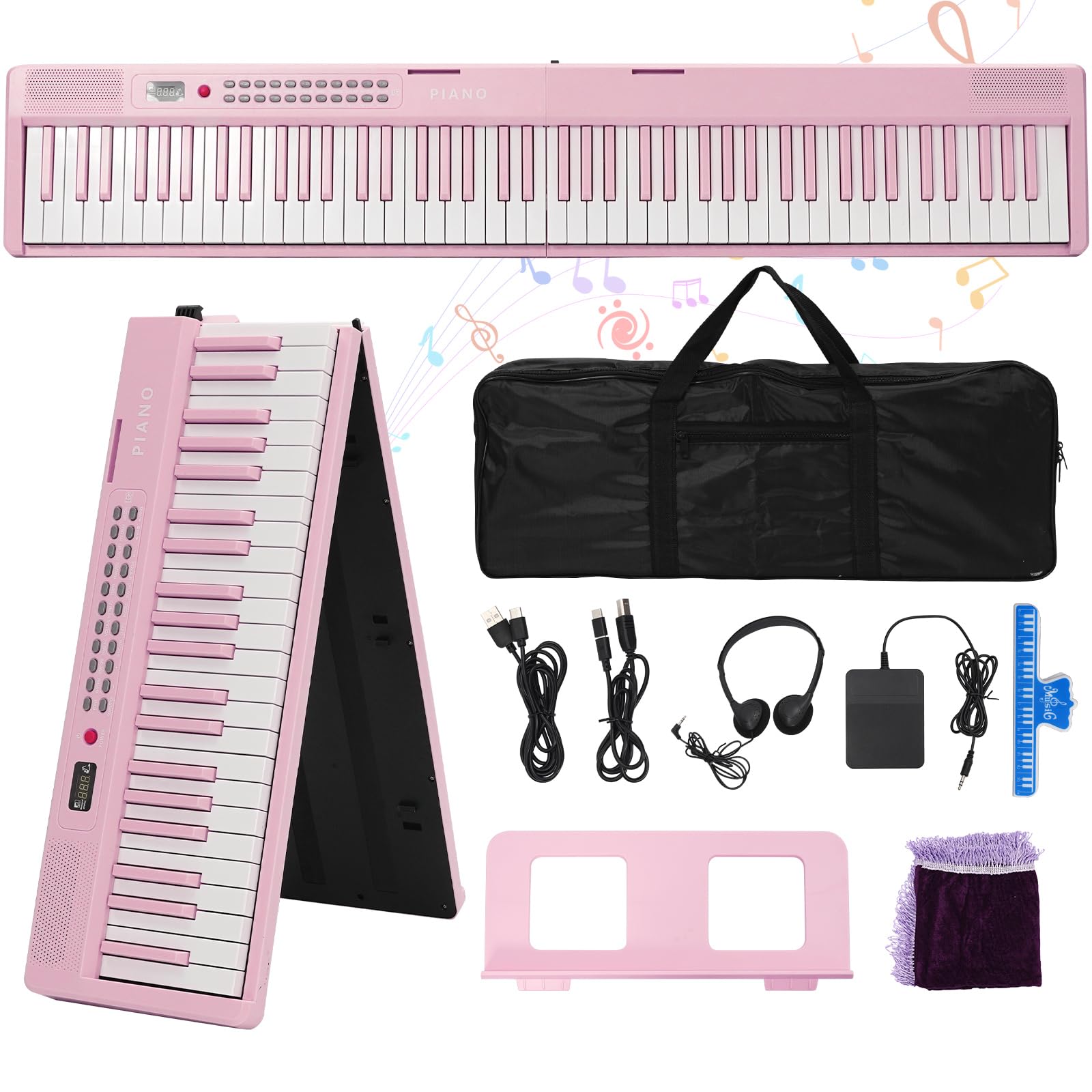 Tastiera per pianoforte a 88 tasti, pieghevole, portatile, con tasti illuminati, pedale professionale, Bluetooth, cuffie, MIDI, 200 suoni, 80 canzoni demo, modalità lezione per principianti, rosa