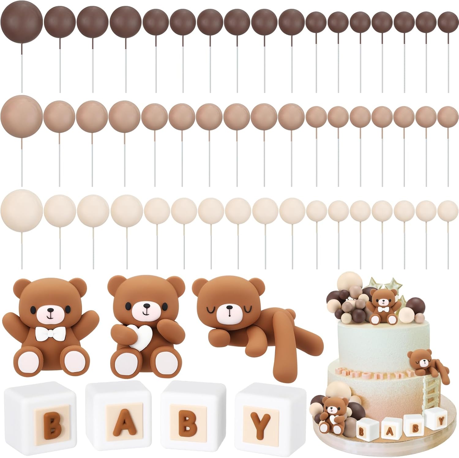 Roowest 85 Pcs 3D Bear Baby Shower Cake Toppers Brown Beige Foam Ball Cake Toppers Baby Letter Block Decorations for We Can Bearly Wait Party Decorations