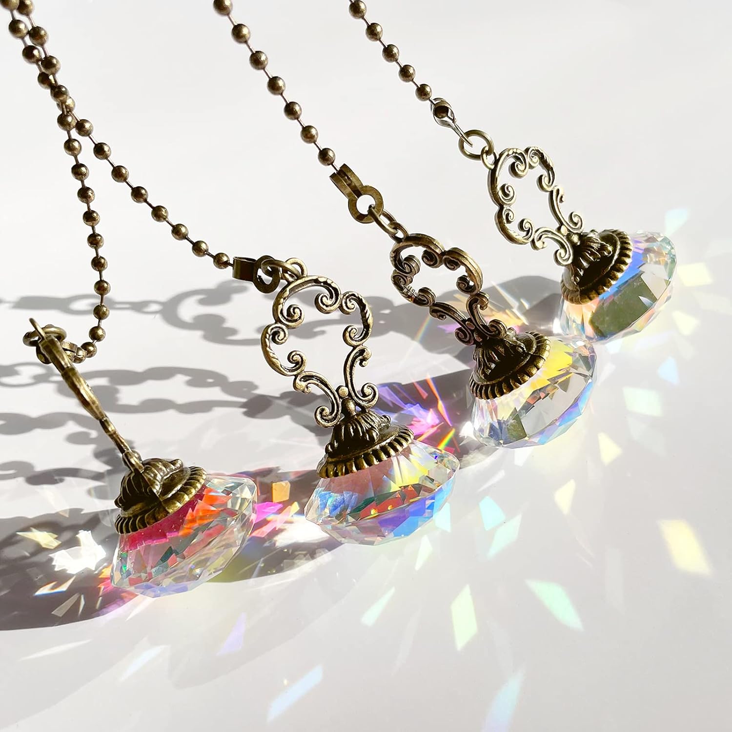 Honoson 4 Pieces Crystal Ceiling Fan Pull Chains Pendant Colorful Diamond Pull Chain Extension with Connector Crystal Prism Ball Extension for Bathroom Toilet Light Ceiling Light Fan Desk Lamp
