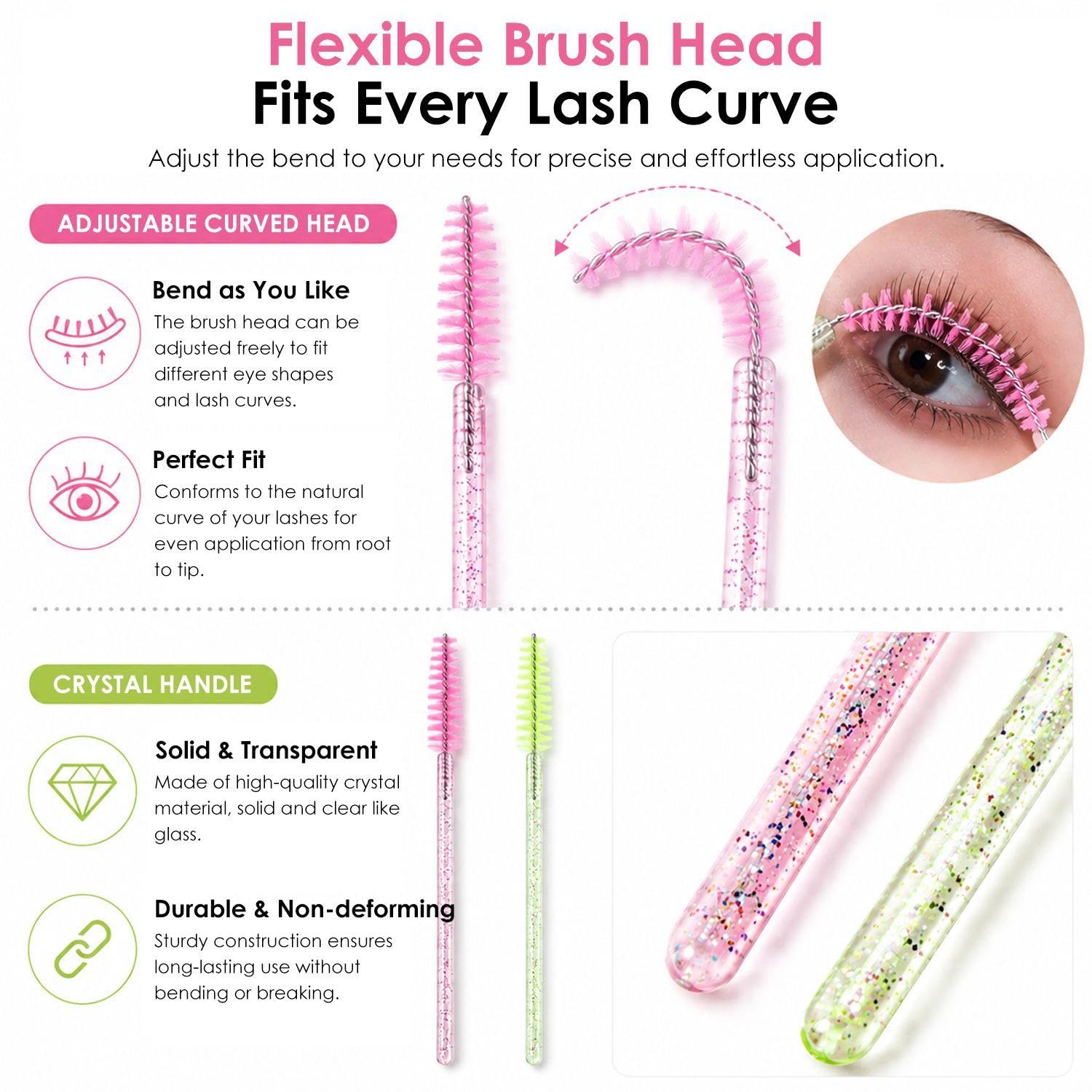 Cepillos Para Pestañas Y Cejas 100 Piezas Mango De Cristal En Espiral Rosa Verde