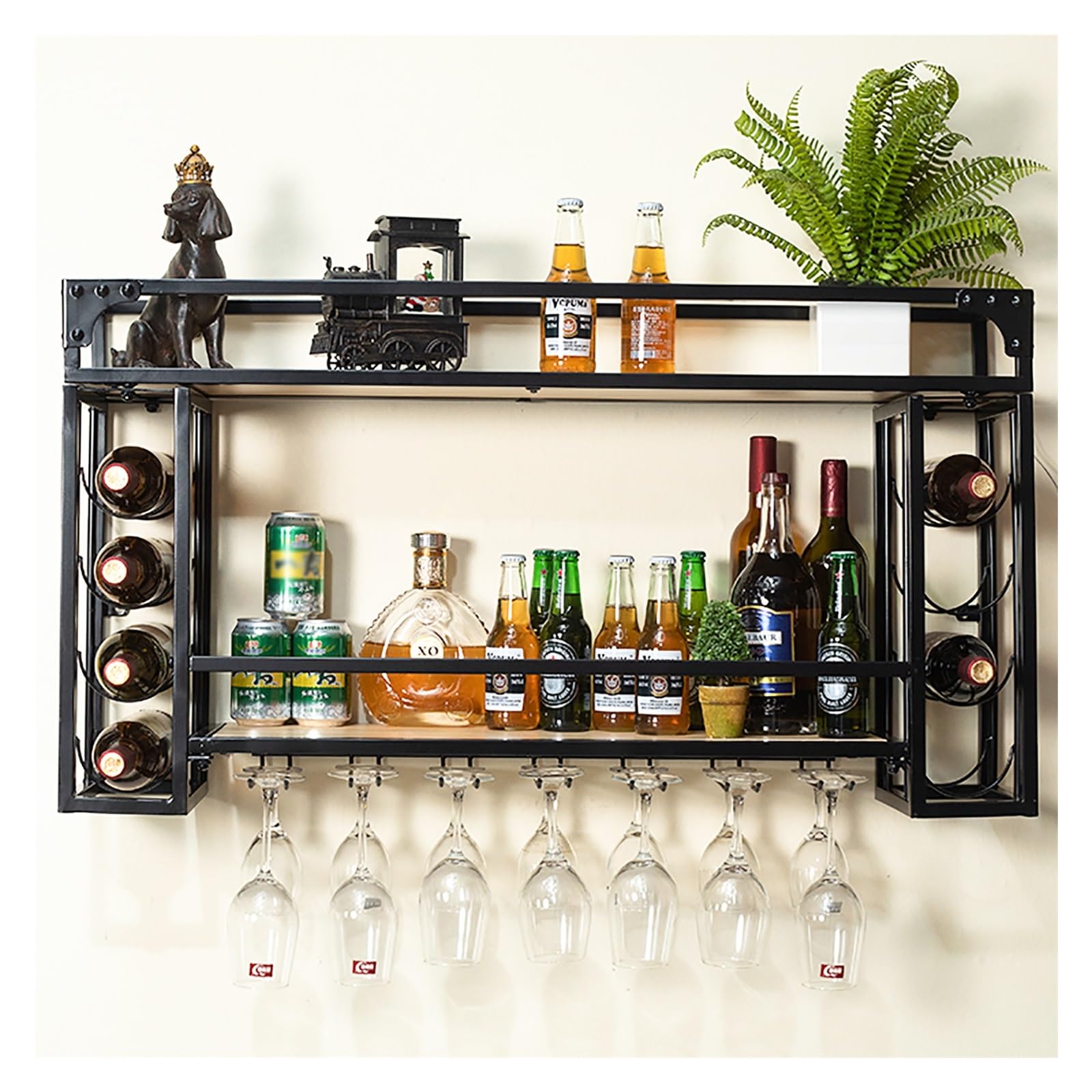 Botellero LED montado en la pared, soporte de metal para botellas y vasos, estante flotante para licor para decoración de cocina y bar, elegante exhibición de almacenamiento de vino (120 x 55 cm
