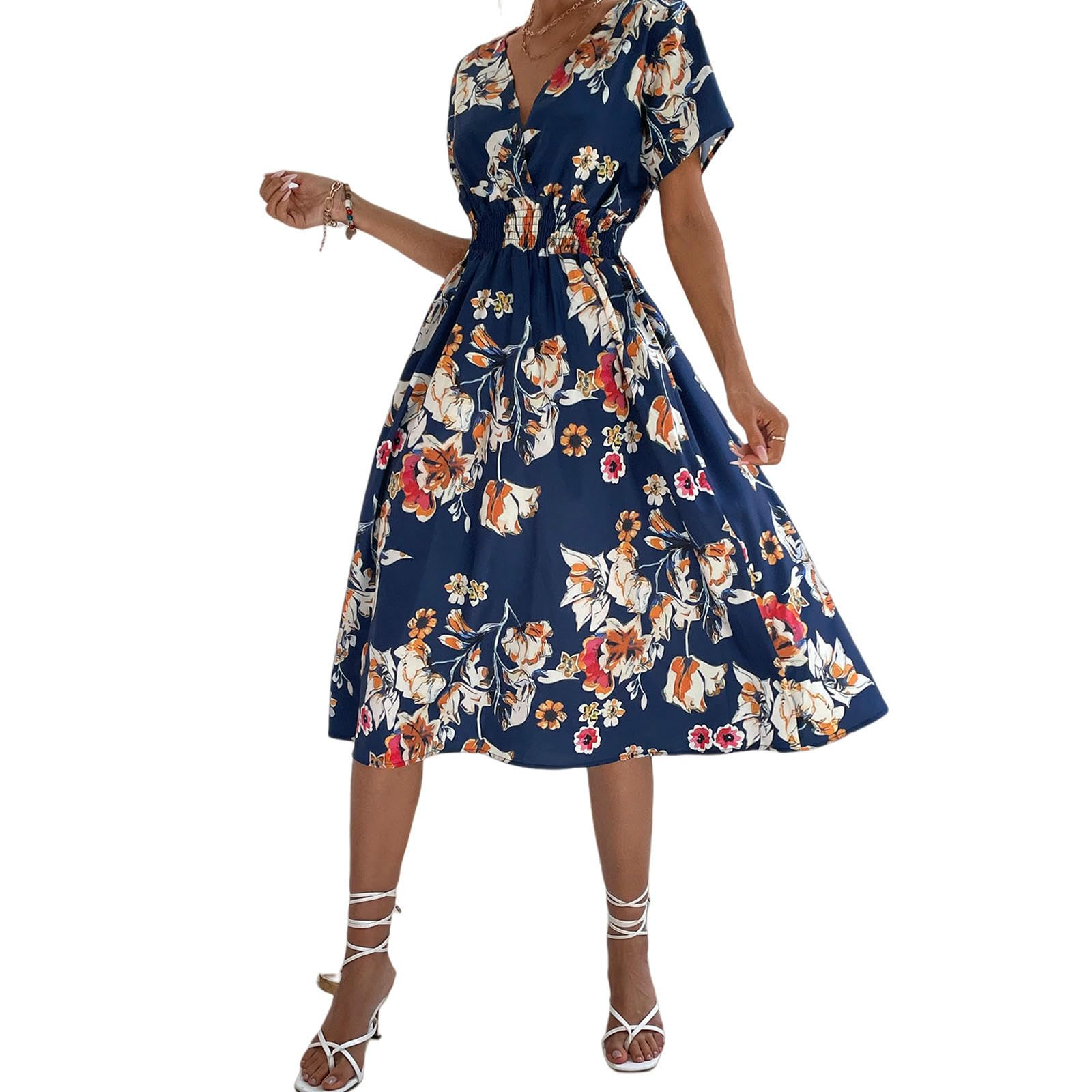 Abiti da Donna Abito A Manica Corta Stampe Floreale Estiva Femminile-Blu-m