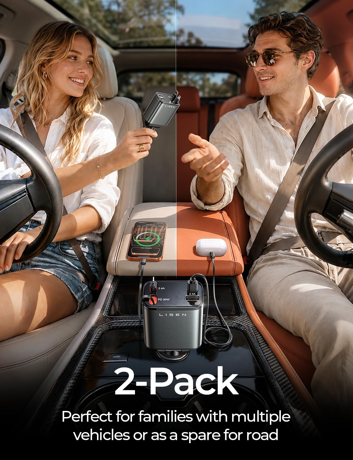 LISEN Retractable Car Charger, 84W Car Adapter USB C Fast Charger, 2 Pack view 2