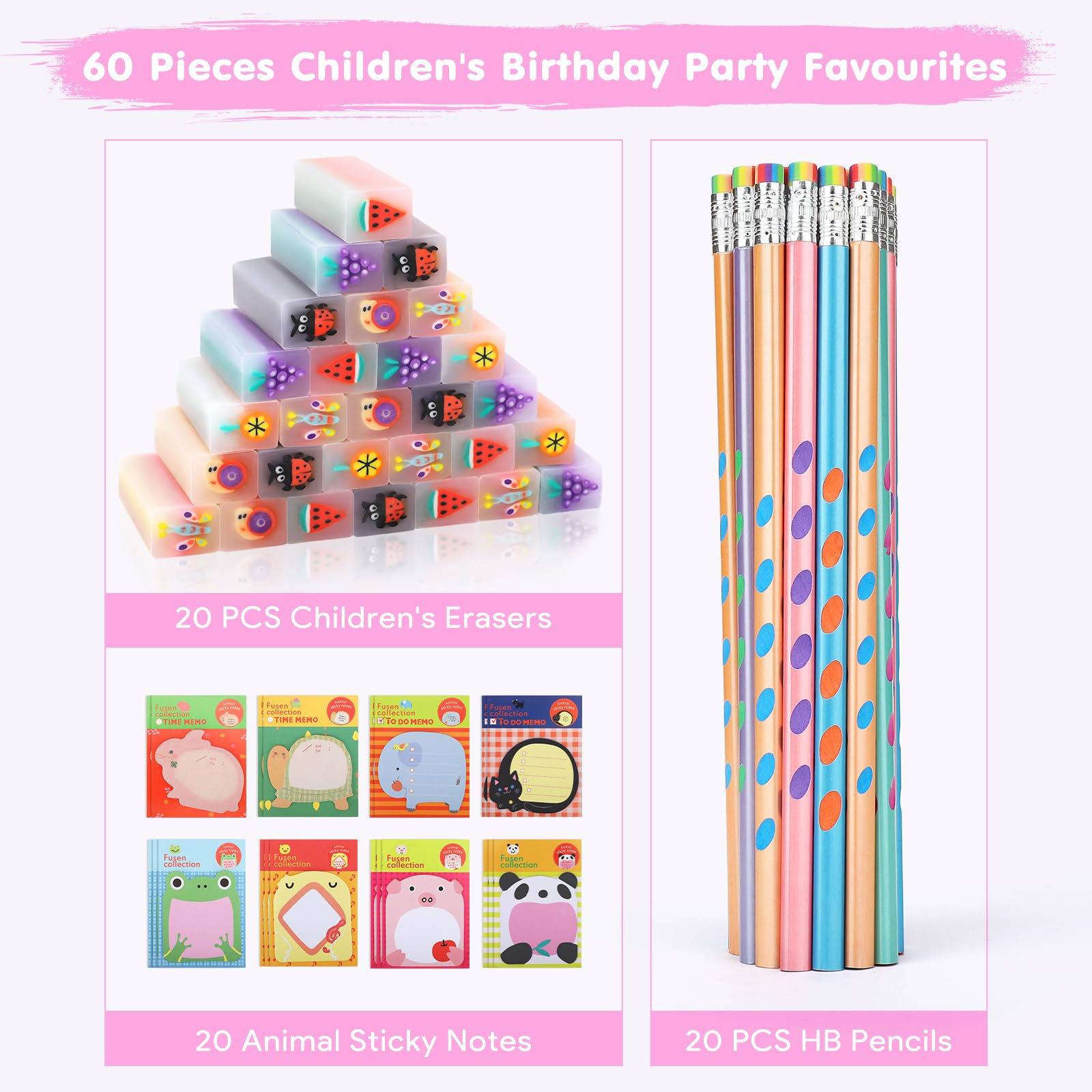 SKAMORI 60 Piezas Lapices con Gomas Niños Regalo, 20 Gomas de Borrar Divertidas + 20 Lápices Triangulares + 20 Notas Adhesivas, Regalos Cumpleaños Niños Colegio & Detalles Cumpleaños Infantil