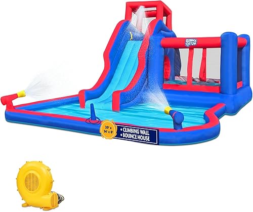 Sunny & Fun Parque acuático inflable 2 en 1 Bounce & Blast - Resistente para diversión al aire libre - Pared de escalada, tobogán, gorila y piscina