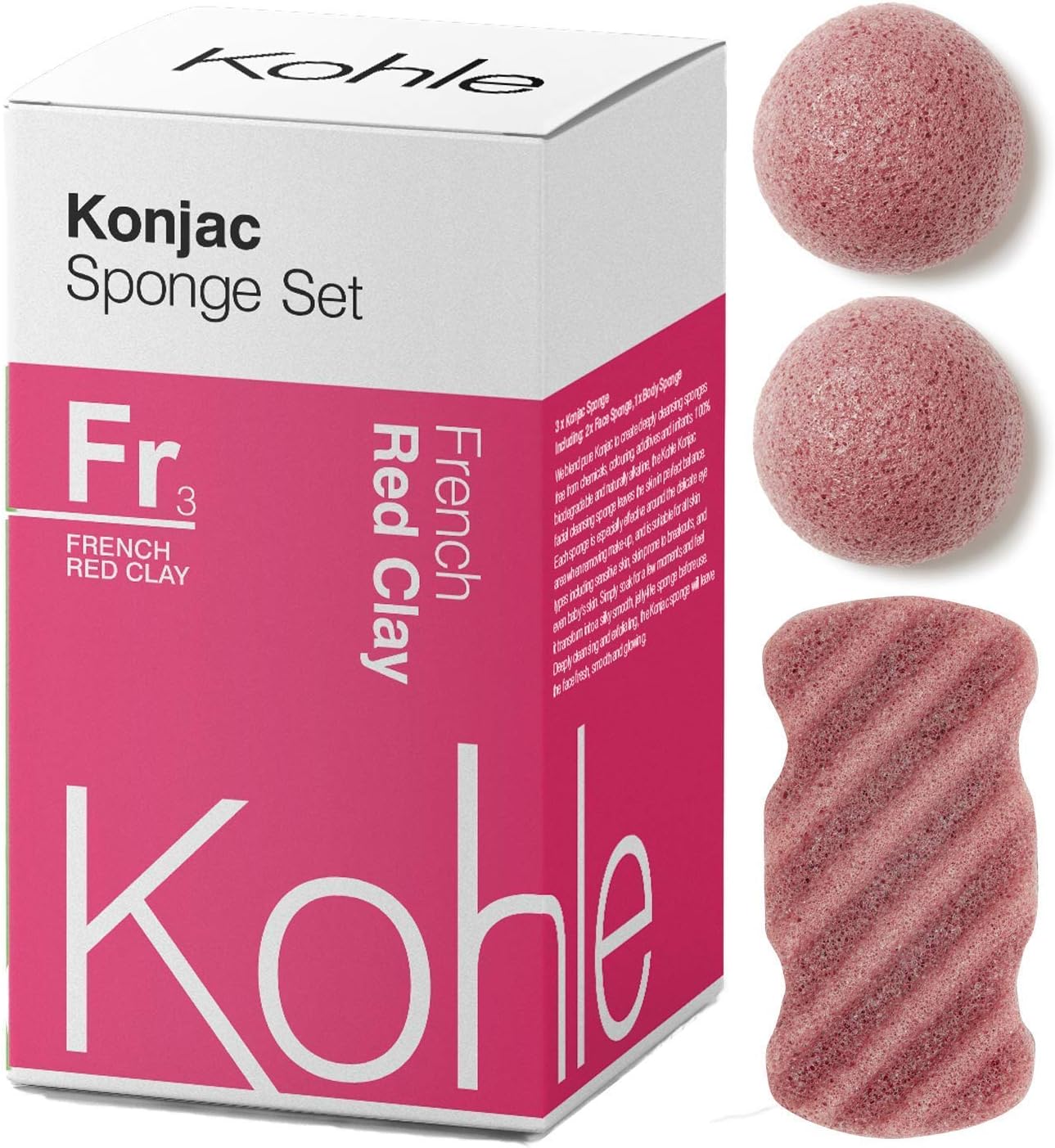 French Red Clay Konjac Sponge Set (3 Pack): Organic Skincare Set, 100% Natural, Plant-Based Cleansing & Exfoliating Sponges. (Including 2 x Face Sponge & 1 x Body Sponge) #1 UK BESTSELLER