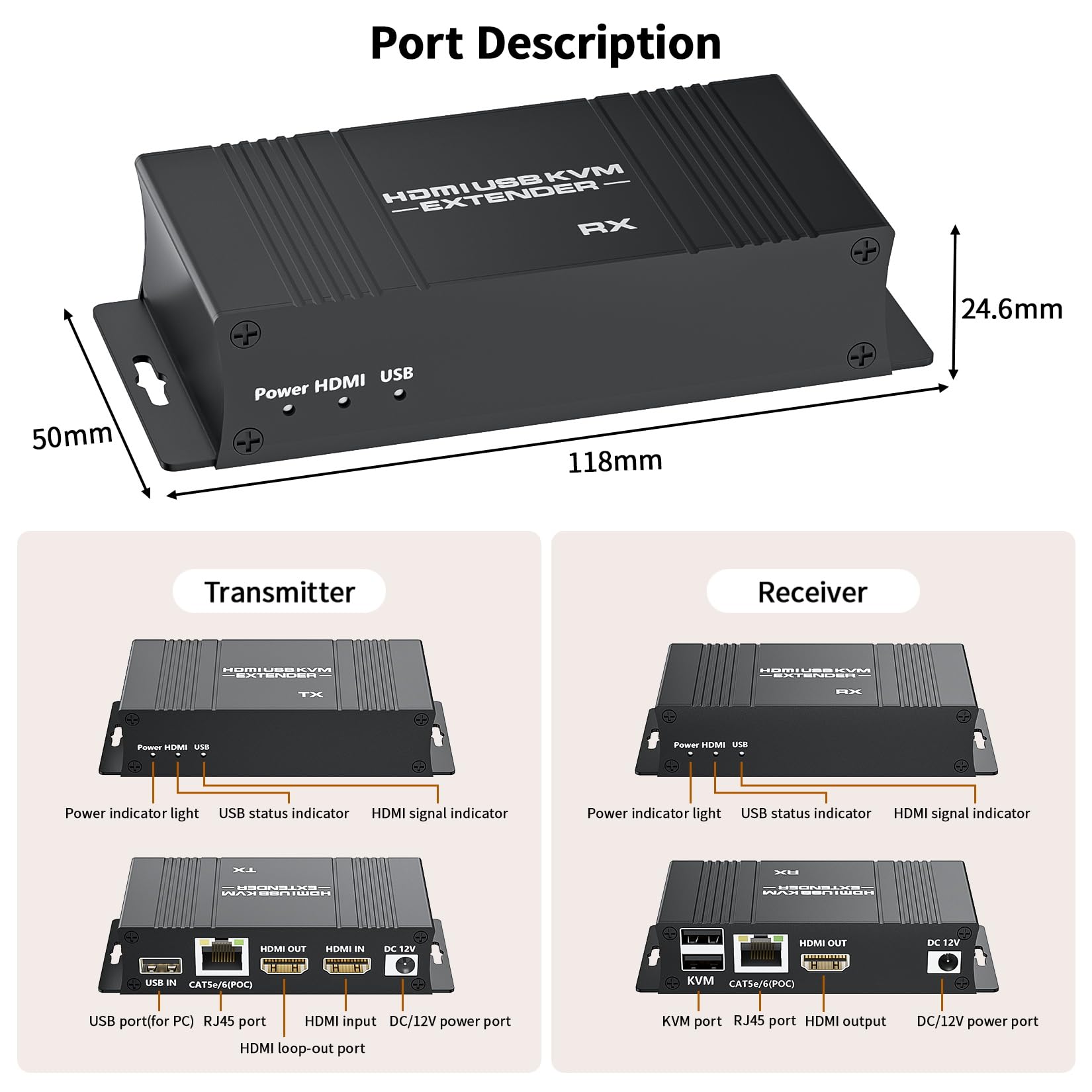 BolAAzuL Kit extensor KVM USB HDMI, extensor USB KVM HDMI 1080P sobre RJ45 Cat5e/6 cable de red con bucle y POC, distancia flexible de transmisión sin pérdidas