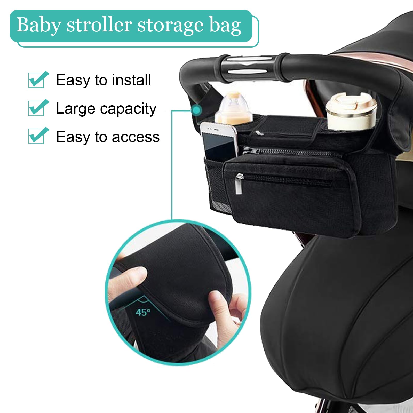 Sac de Rangement Universel pour Poussette, Poussette Organisateur avec Poche zippée, Grande Capacité Organisateur de Buggy Pour Poussette avec Porte-Bouteilles Isolés, Noir