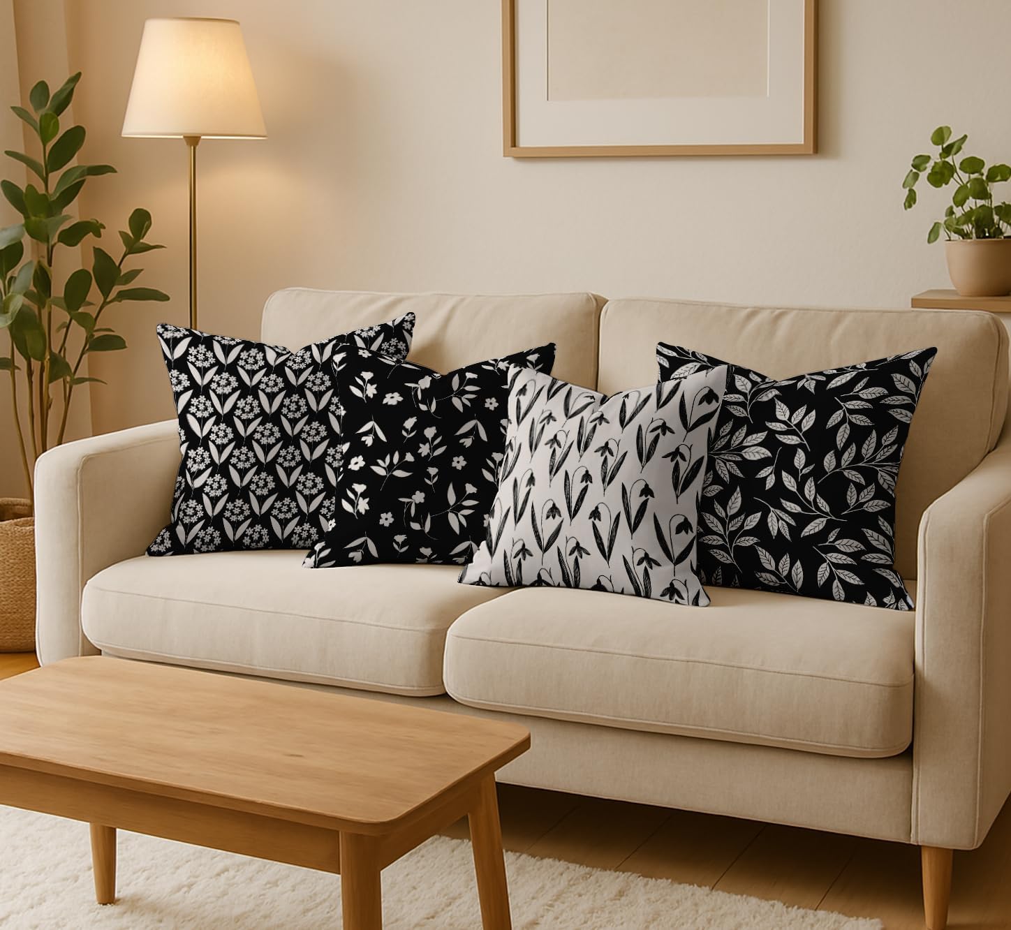16x16 Inch Cushion Covers Set of 4 - Premium Cotton, Leaves Print, Reversible Printed Pillow Covers with Concealed Zipper - Black