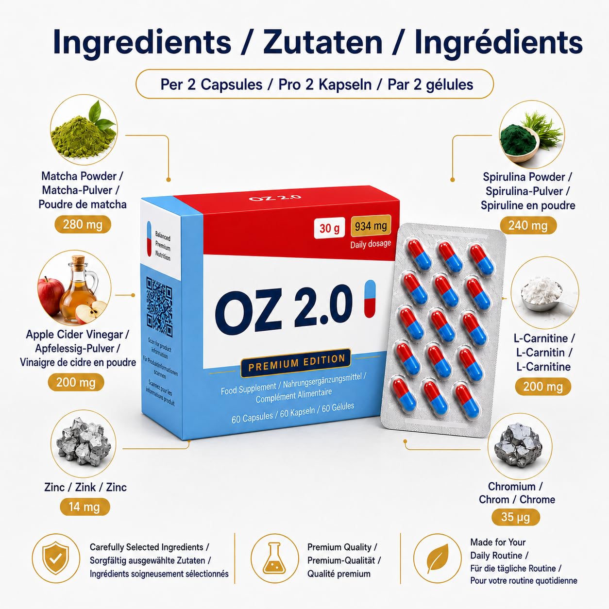 OZ 2.0 Premium Complément Alimentaire + Zinc, Chrome, Vinaigre de Cidre, L-Carnitine, Matcha et Spiruline – 60 Gélules