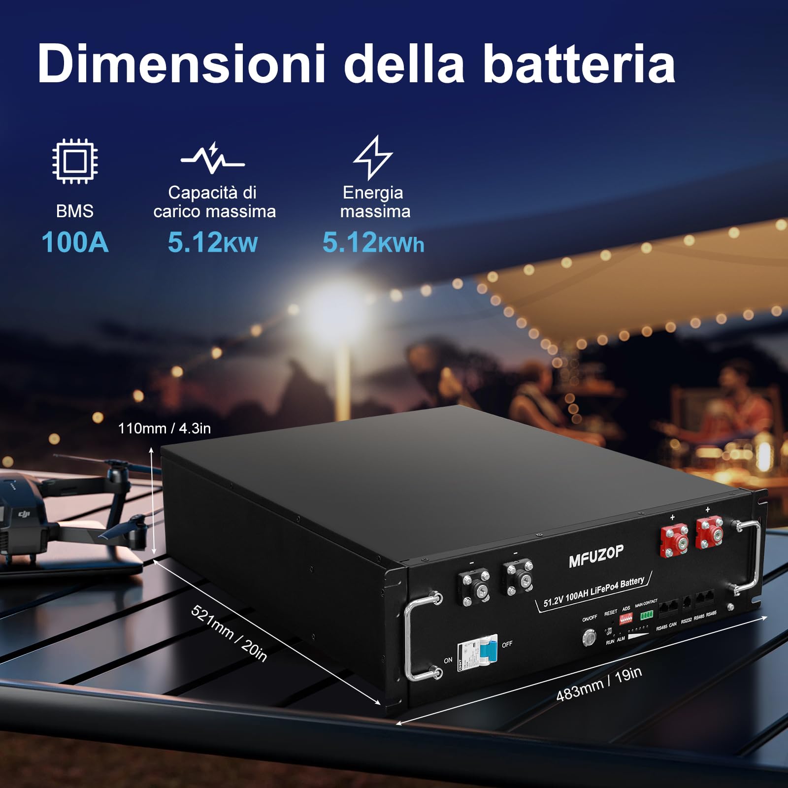 Batteria al litio LiFePO4 da 48V 100Ah 5.12kWh, BMS 100A, 3U Server Rack Batteria Supporto CAN&RS485 avec Bluetooth, 15000+ Cycles, pour Solaire, Camping-Car, Secours (48V 100Ah (1 Pack))