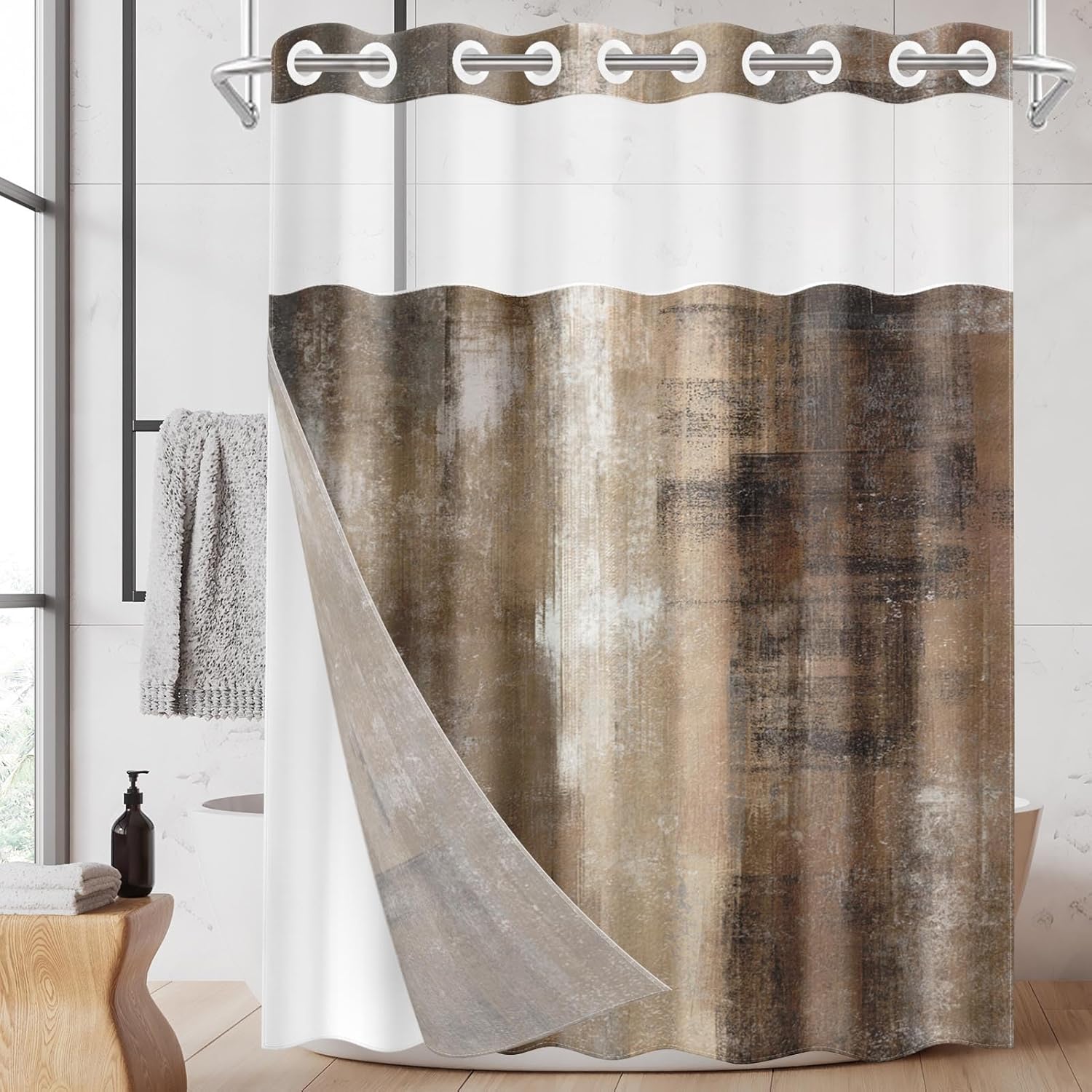 No Hook Brown Grey Painting Shower Curtain with Snap in Fabric Liner Set, Vintage Beige Double Layers Waterproof Fabric with See Through Top Window Open Grommet Bath Curtain 71x74 Inch