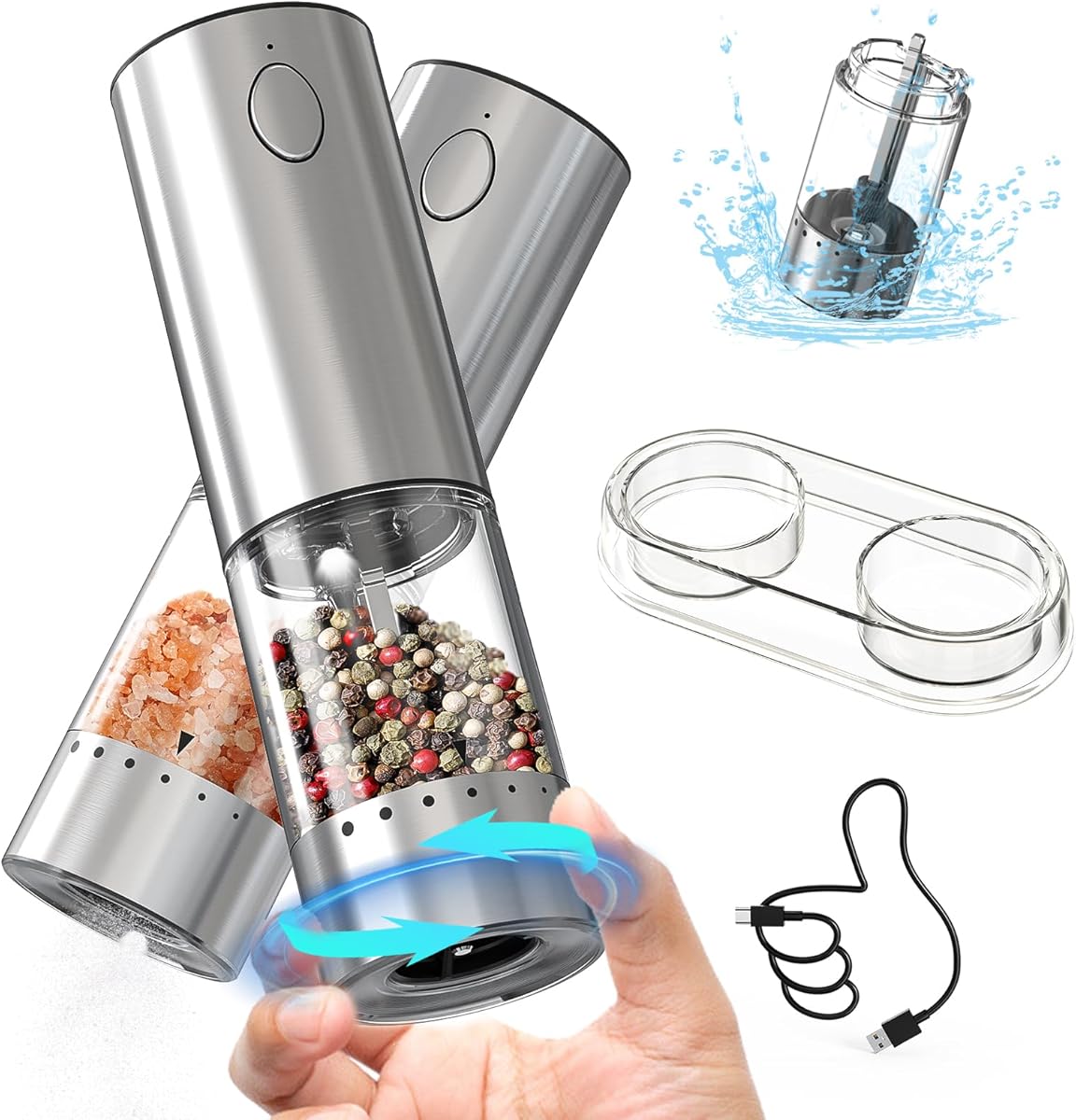 CIRCLE JOY Electric Salt and Pepper Grinder Set Rechargeable Stainless Steel Salt and Pepper Shakers with LED Light and Storage Base, External Adjustable Coarseness for Hygienic Easy Use
