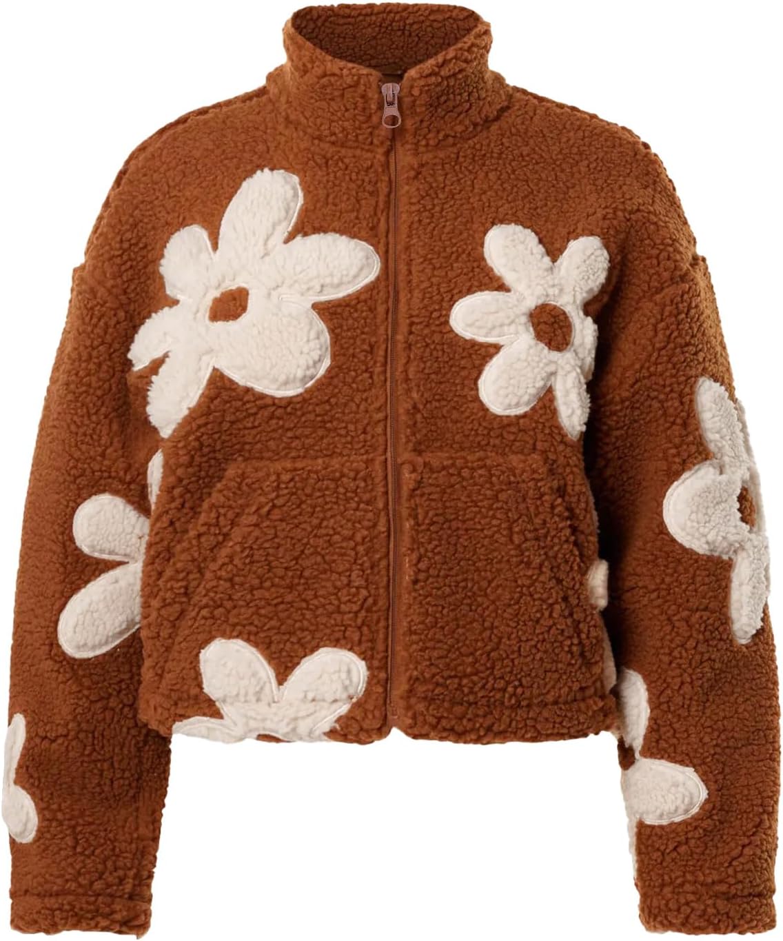 Women's Floral Sherpa Fleece Jacket, Oversized Cropped Coat Vintage Winter Warm Zip Up Outwear with Pockets