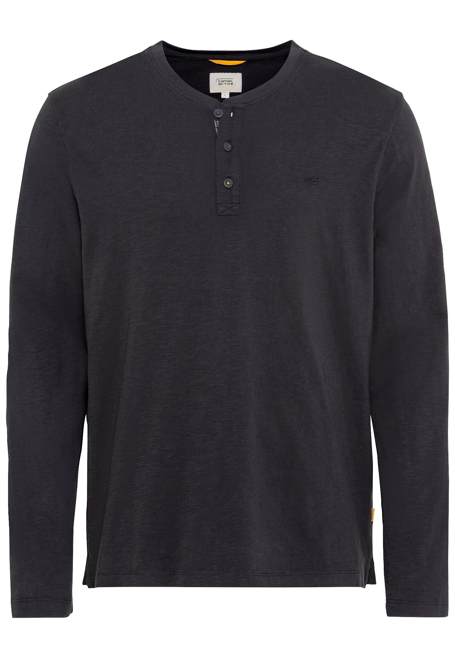 camel active Men's Long-Sleeved Henley Shirt Made of Pure Cotton, Darkgray, M