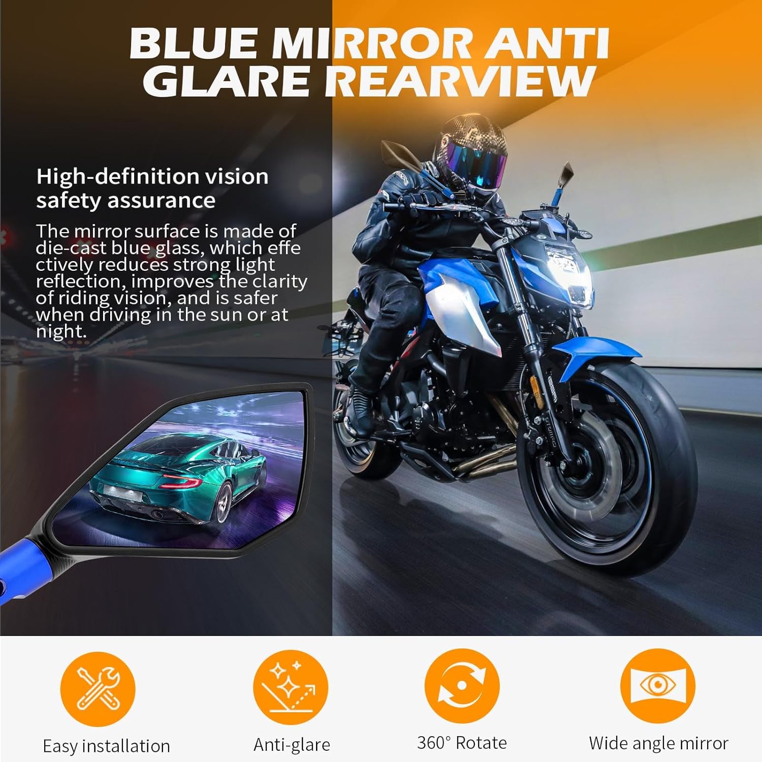 JMTBNO 8mm 10mm Motorcycle Rearview Mirror Side Rear view Mirrors For Motorcycle Dirt Bike Quad Street Bike Adventure Snowmobile Jet ski Scooter Coolster Moped GY6 ATV's (Blue)