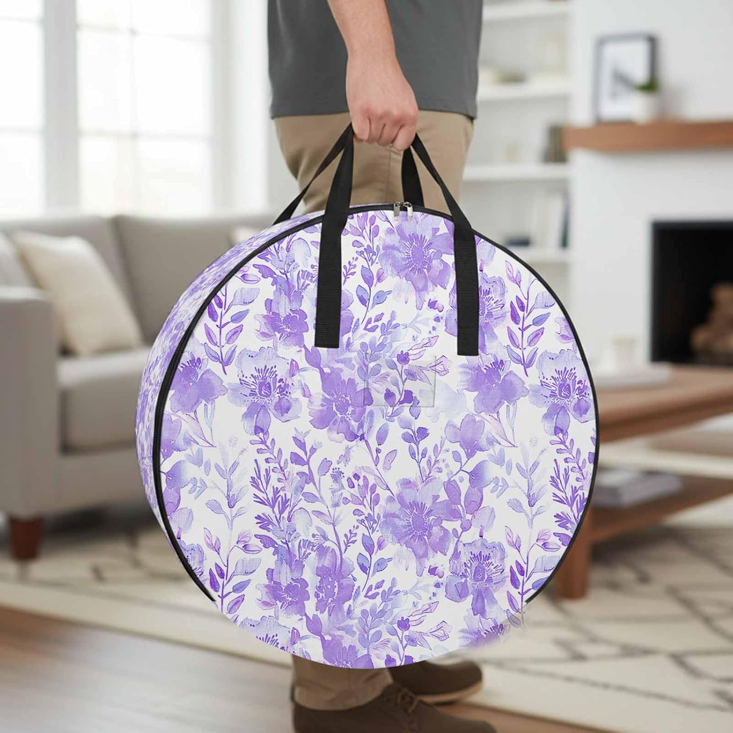 Storage Bag Watercolor Flower Round Storage Totes Bins Closet Organizers with Zippers & Handle Purple Floral Plant Clothes Storage Container for Bedroom Dorm Space Saving Packing Supplies Moving Bags