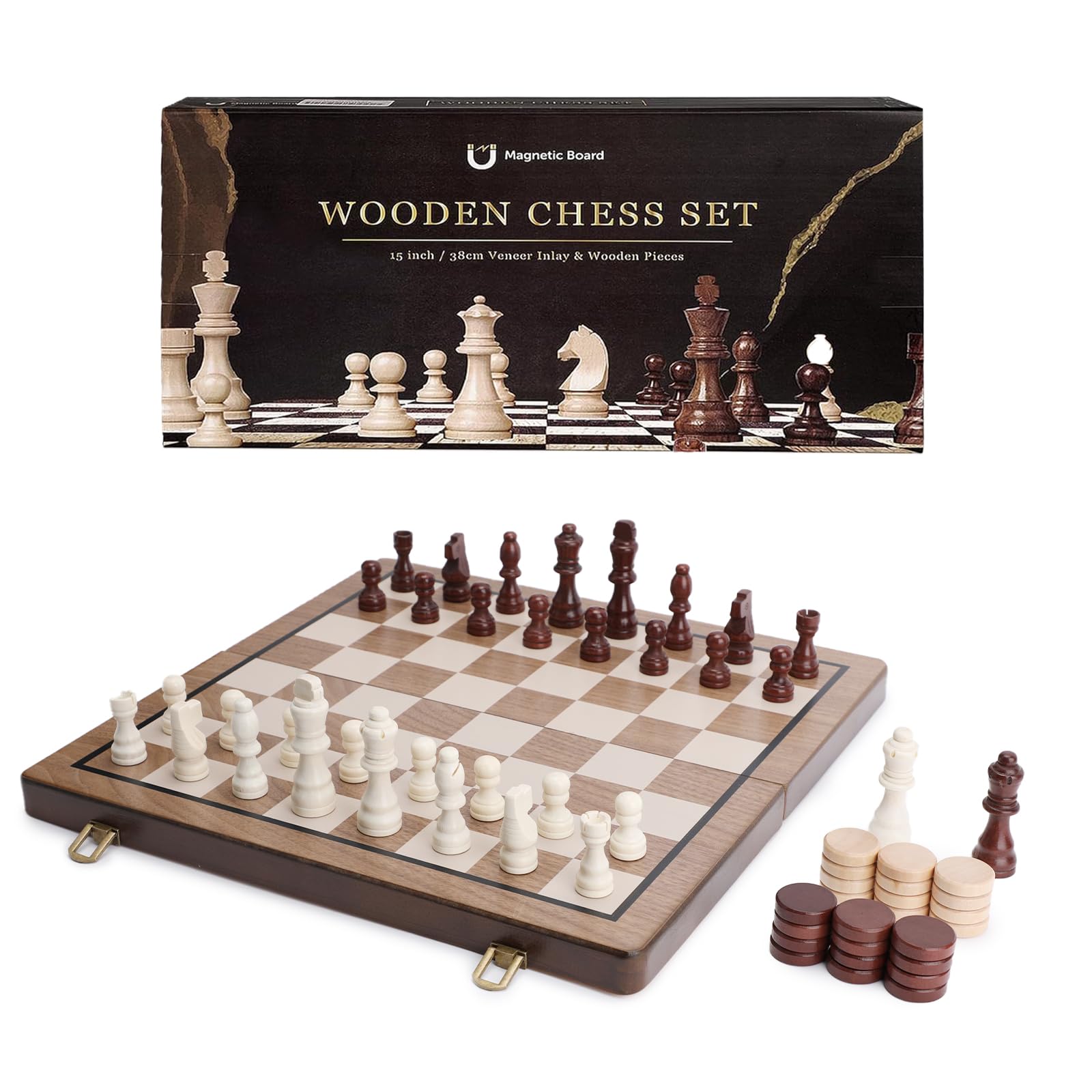 Jeu d'échecs magnétique en bois de 38,1 cm avec planche pliante et fente de rangement pour pièces d'échecs, ensemble de jeu d'échecs portable fait à la main pour enfants, adultes, débutants et