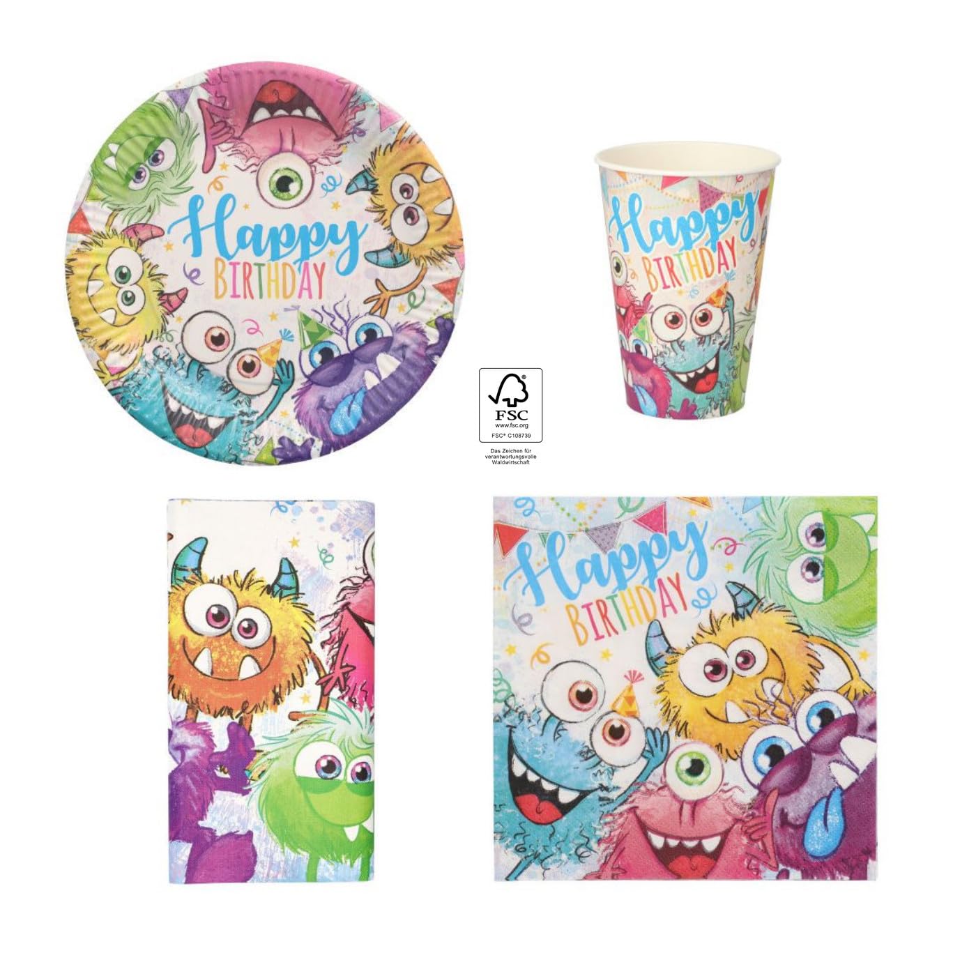 Monster Party Deko Set Kindergeburtstag 10 Personen – Teller Becher Servietten Tischdecke – Geburtstag Jungen Mädchen – Funny Monsters Partygeschirr
