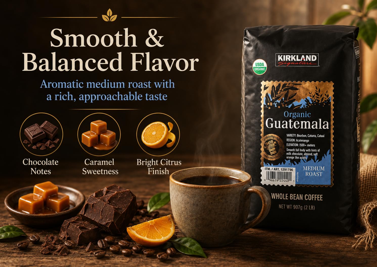 Kirkland Organic Guatemala Medium Roast Whole Bean Coffee, 2 lb, Non-GMO image 4