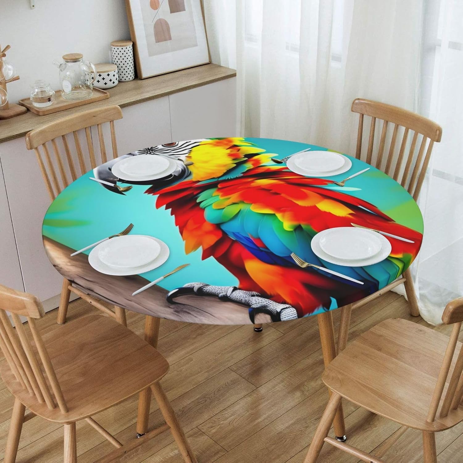 Parrots On Tree Print Outdoor Patio Kitchen Decor Supplies Wipeable Round Table Cloth for Indoor Outdoor