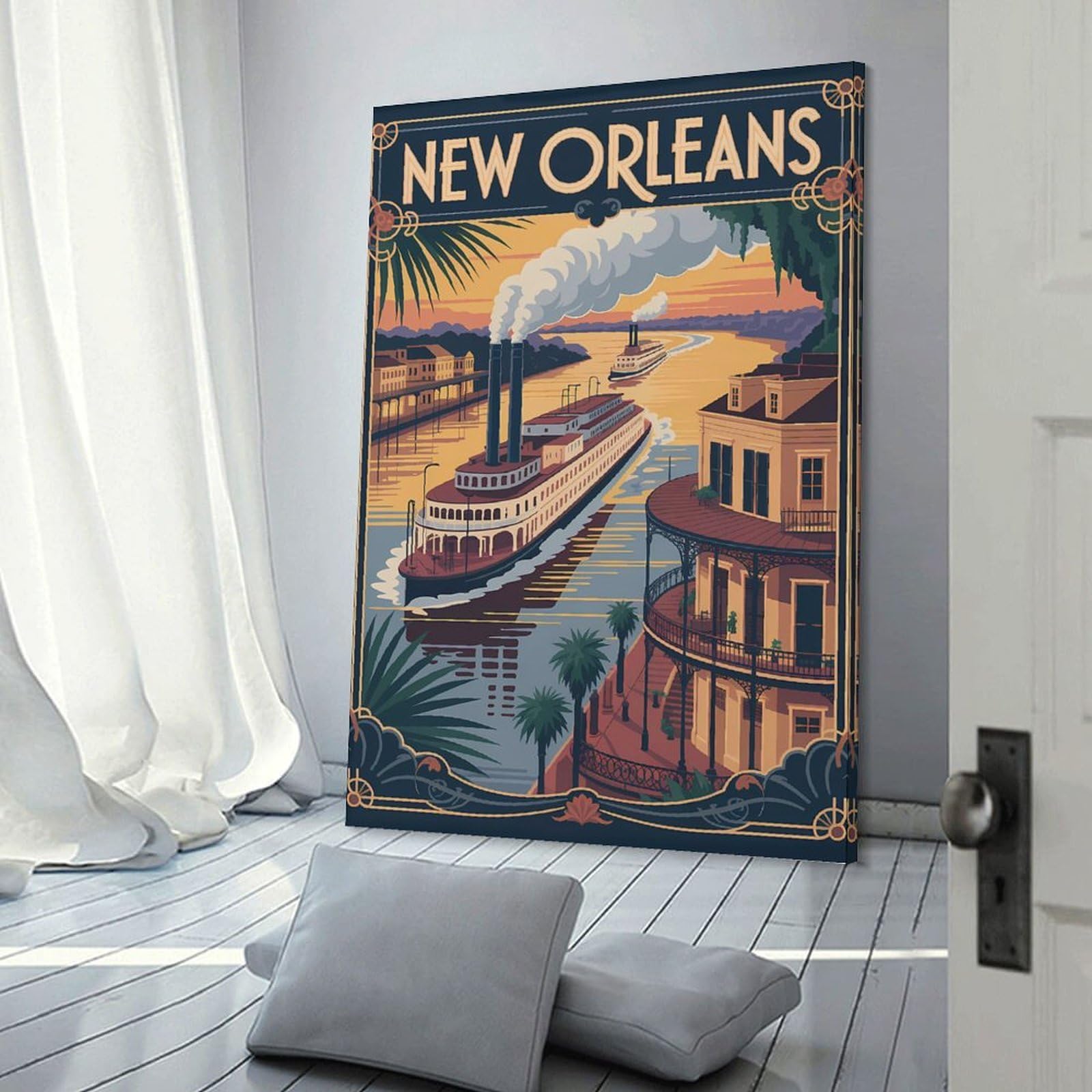 Junmoney New Orleans Riverboat Travel Canvas Wall Art, 12x18inch(30x45cm), for Wall Displays, Bedrooms Or Room Updates, Ideal for Building A Coordinated Art Wall