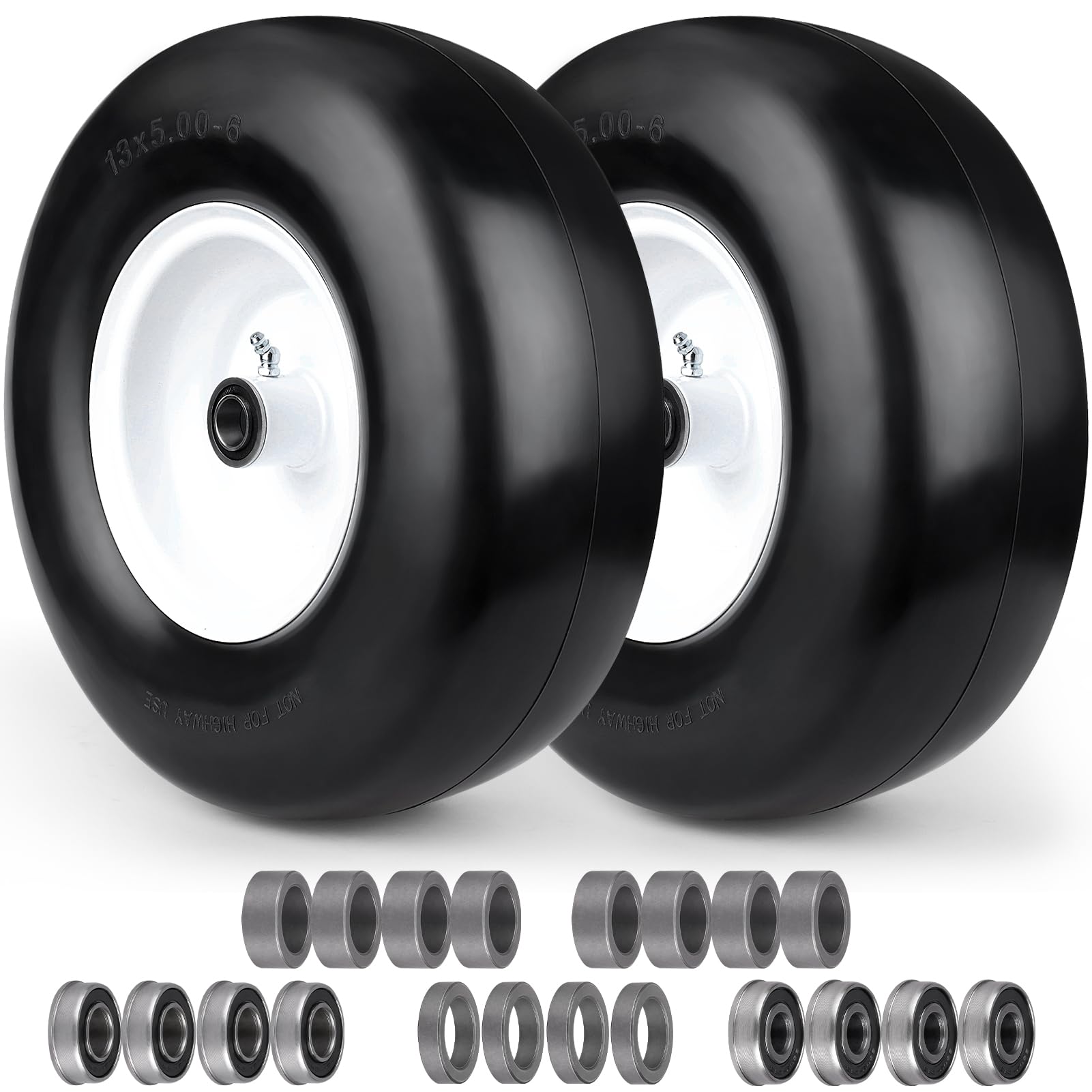 13x5.00-6 Flat Free Lawn Mower Tire,Riding Lawnmower Tire with 3/4" & 5/8" Precision Bearings,3.25"-5.25" Centered Hub,Solid Smooth Zero Turn Mower Front Tire for Residential and Commercial,White