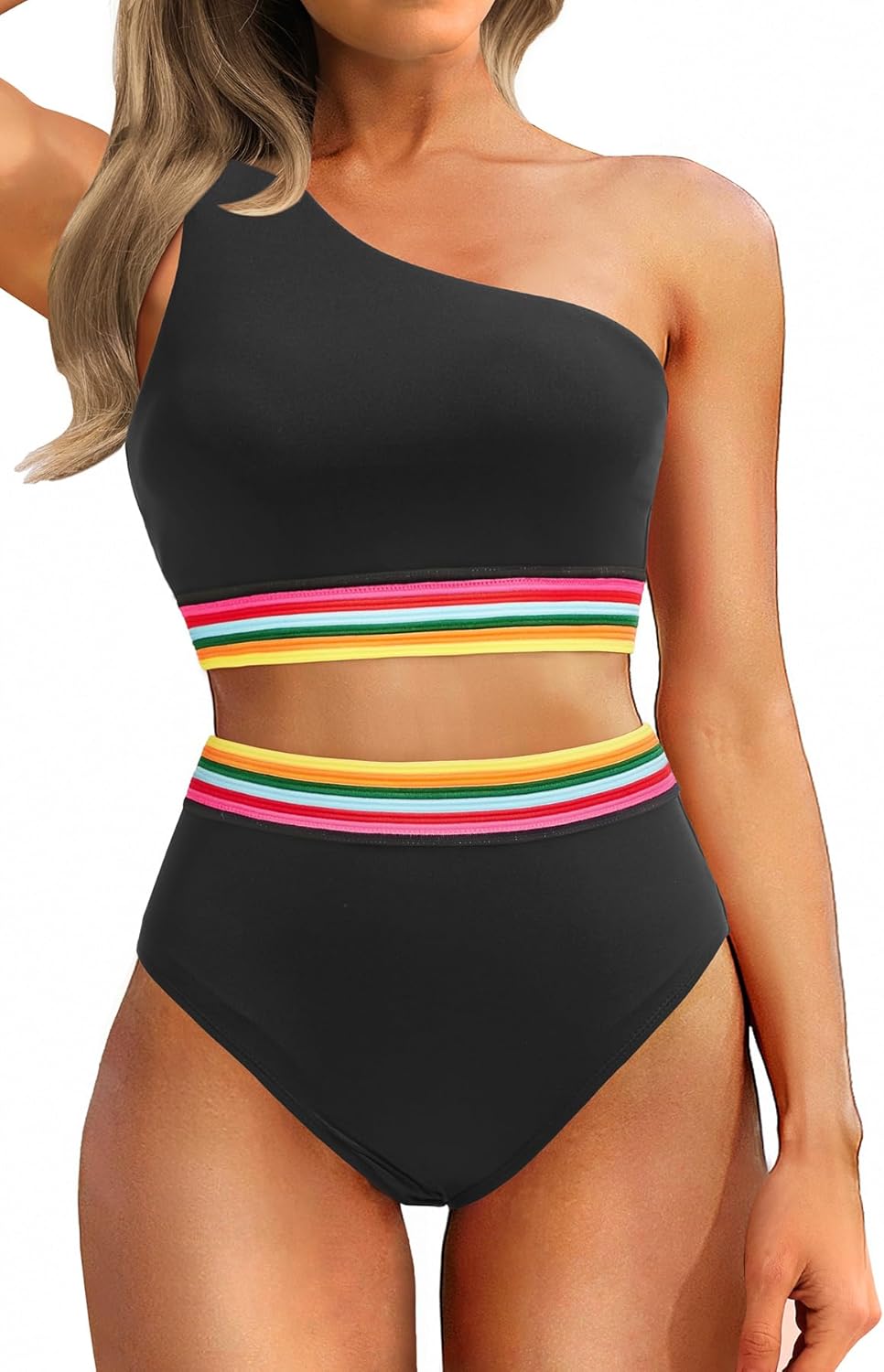 Holipick Women One Shoulder High Waisted Bikini Sets Two Piece Swimsuit Tummy Control Bathing Suit Full Coverage Swimwear