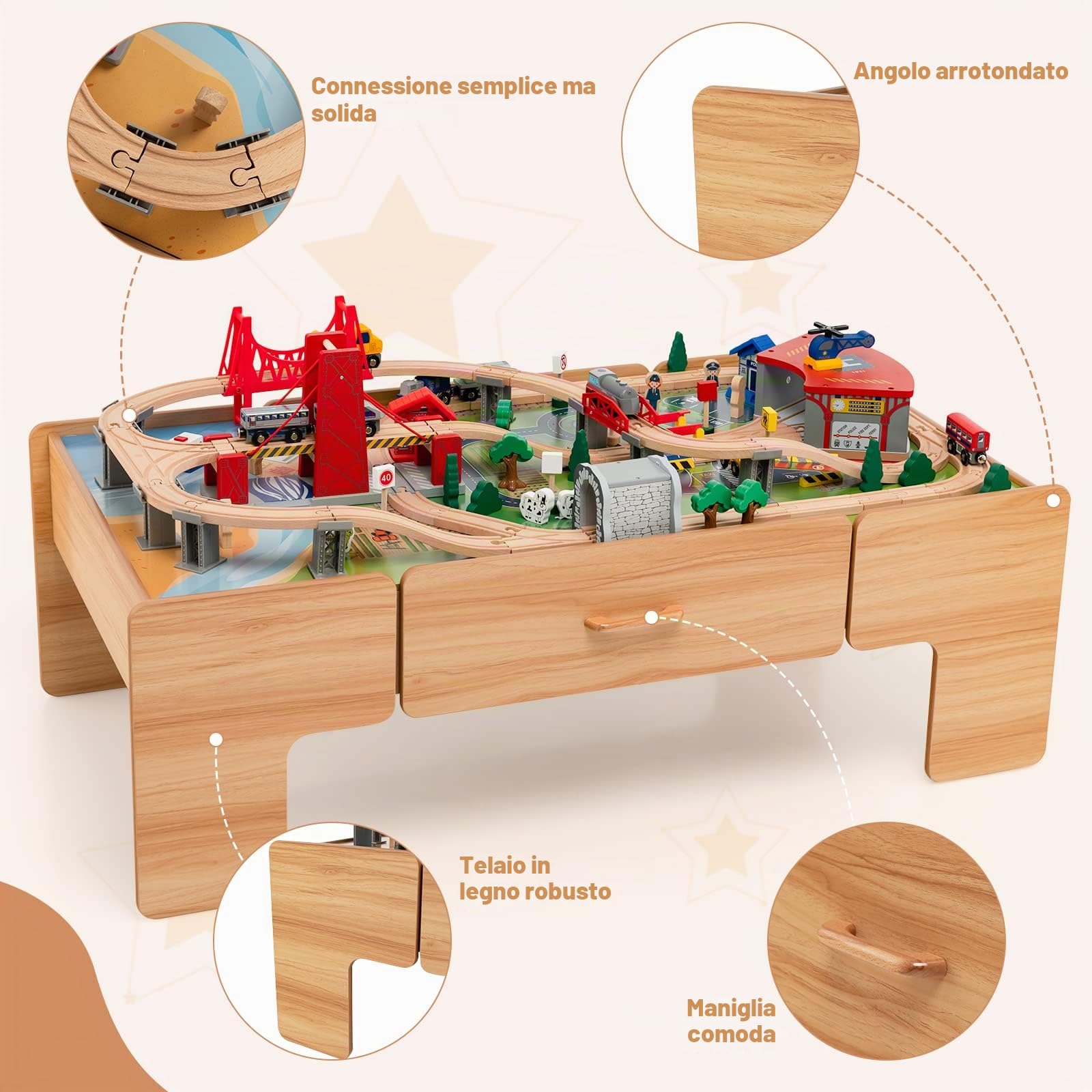 LIFEZEAL Tavolo da gioco con ferrovia in legno, set da 100 pezzi, in legno con cassetto, tavolo multifunzione per bambini 3 anni per giocare, fai da te, costruire (122 x 62,5 x 40 cm)
