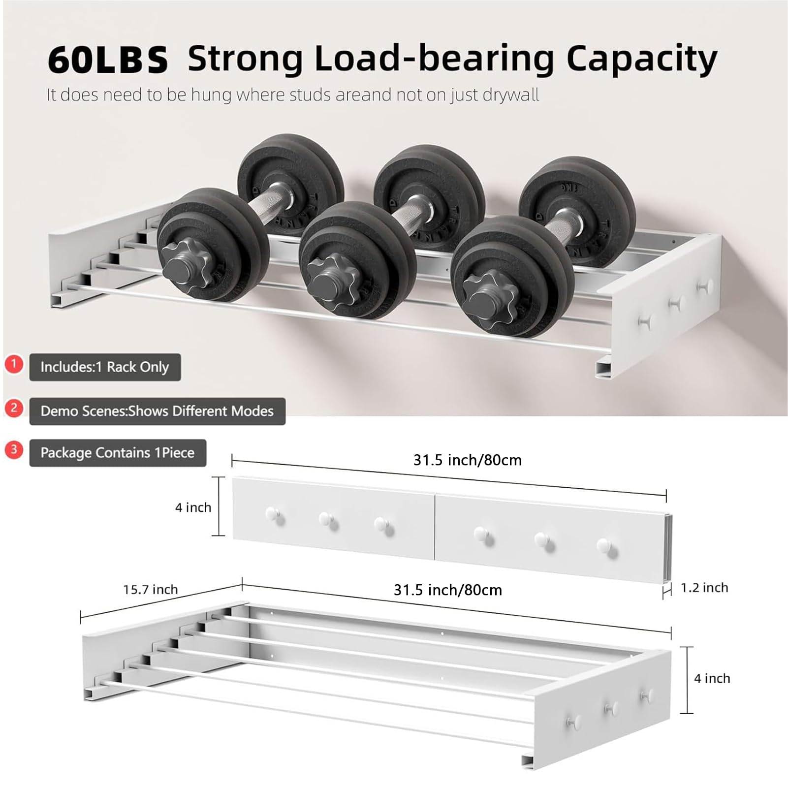 Wandmontage Wäschetrockner Klappbar, 5 Aluminiumstangen | Mit 4 Haken, Platzsparender Wandtrockner Für Badezimmer Und Balkon, Bis Zu 60 Lbs Tragkraft,