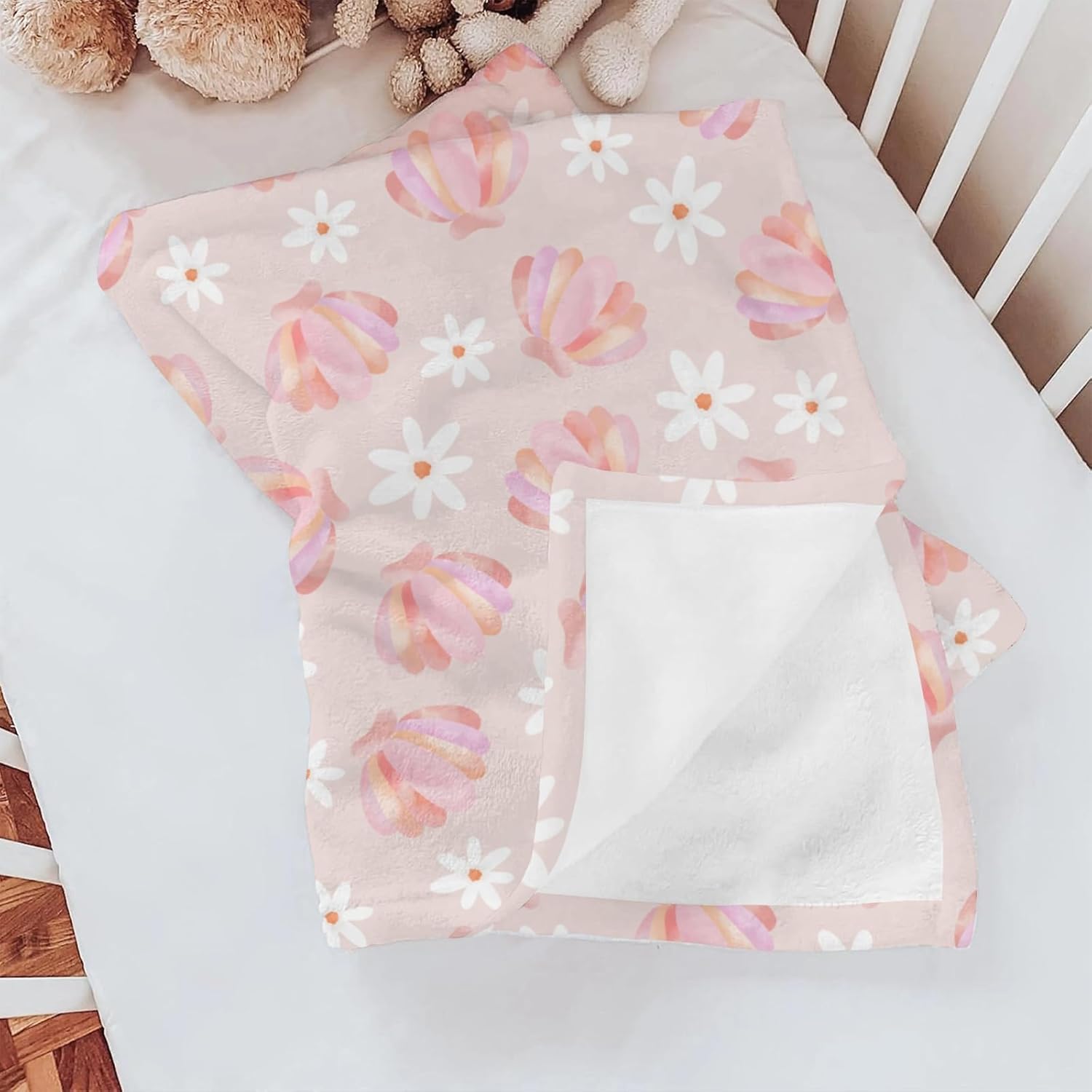 Boho Beach Seashells Floral Baby Blankets for Girls Boys Pink Conch Flowers Infant Toddler Newborn Daycare Swaddle Receiving Blanket for Crib Stroller Girly Summer Nursery Bed Blanket 60x80inch