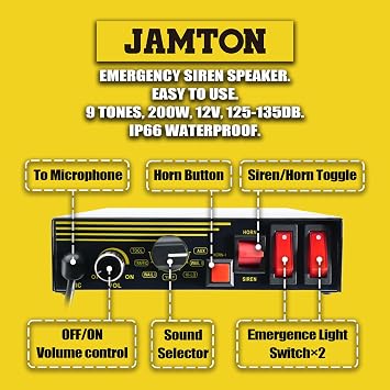 200W 12V 9 Tone Emergency Police Siren System, Black Steel Speaker Horn, Handheld Microphone, for Emergency Vehicles Truck Firefighters Ambulance