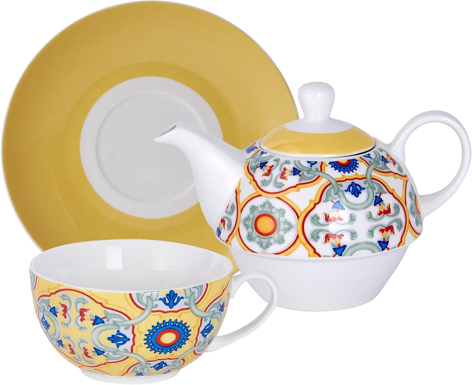 Tea for One Set, Ceramic Teapot Cup and Saucer Set, Bohemian Pattern Tea Set for One, for Gift, Home, Office, Afternoon Tea, Microwave and Dishwasher Safe, Yellow