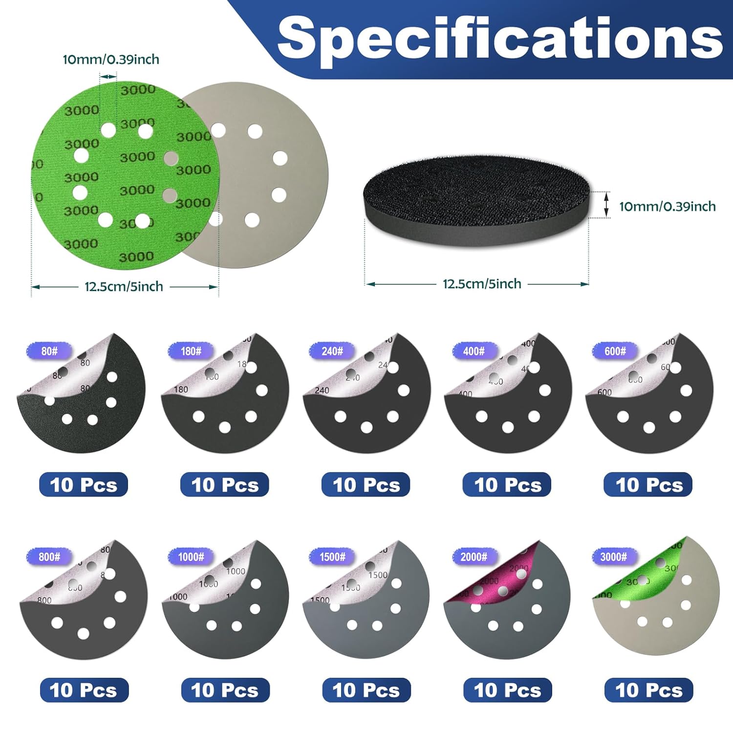 101PCS 5 inch Sanding Discs, 8 Holes Hook & Loop Wet Dry Sandpaper Orbital Sander Pads 80 180 240 400 600 800 1000 1500 2000 3000 Grit with Foam Pad, Sandpaper Assortment for Car Wood Metal