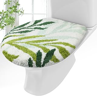 Mindsoft Green Leaves Microfiber Toilet Lid Cover - Plush Tufted 17.5x15" Soft, Machine Washable Non-Slip Fits Round Elongated Lids