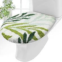 Green Leaves Toilet Seat Covers Bathroom Toilet Lid Cover Soft Microfiber 17.5'' x 15'' Plush Tufted, Machine Washable, Adjustable Rubber Backing Fits Most Round Elongated Oblong Lids