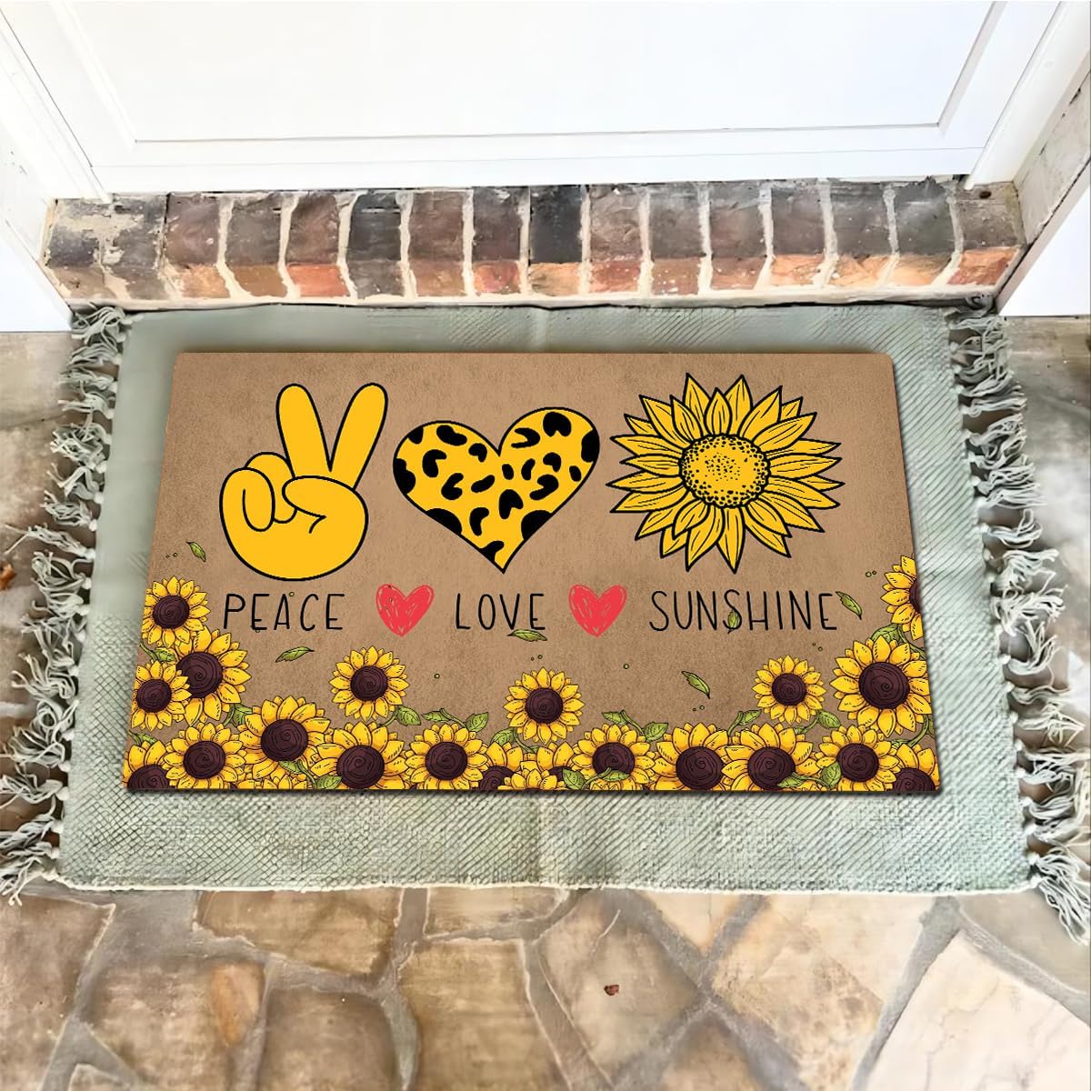 Funny Welcome Doormats Decorative Area Rugs for Front Porch Personalized Monogram Kitchen Rugs With Anti-Slip Rubber Back Novelty Gift Mat(23.7X15.9 in) (Peace Love Sunshine Sunflower Vibes Check)