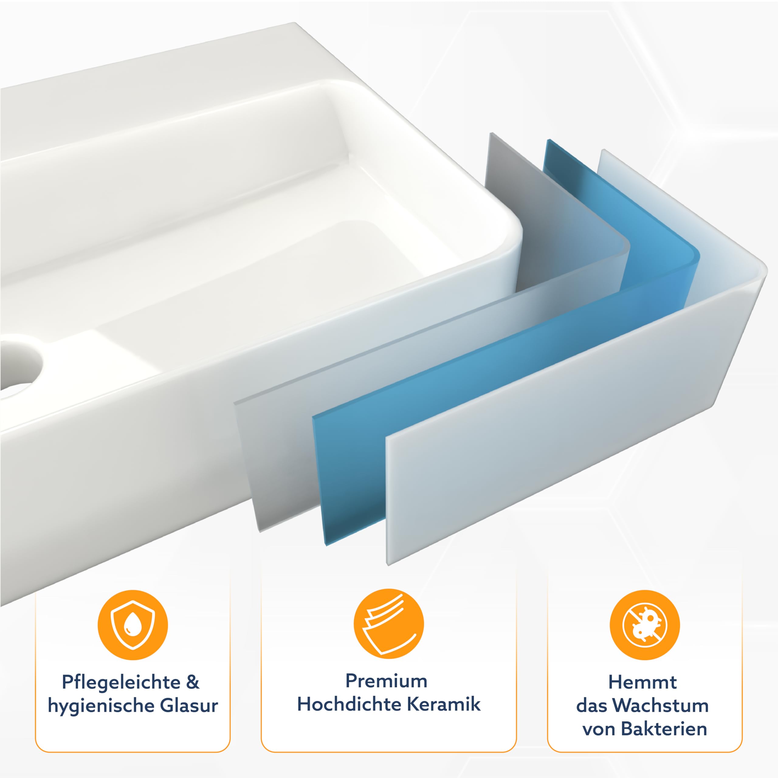 HOGART lavabo baño 54x30 cm con seno a la derecha, lavabo de cerámica blanco rectangular, lavabo suspendido pared o sobre encimera, con orificio para grifo, sin rebosadero, ideal baño moderno — view 6