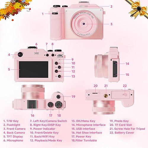 Miniatura 9 de Cámara digital 4K para fotografía de 64 MP con enfoque automático Vlogging, cámara WiFi para video de YouTube, cámaras compactas de disparo de