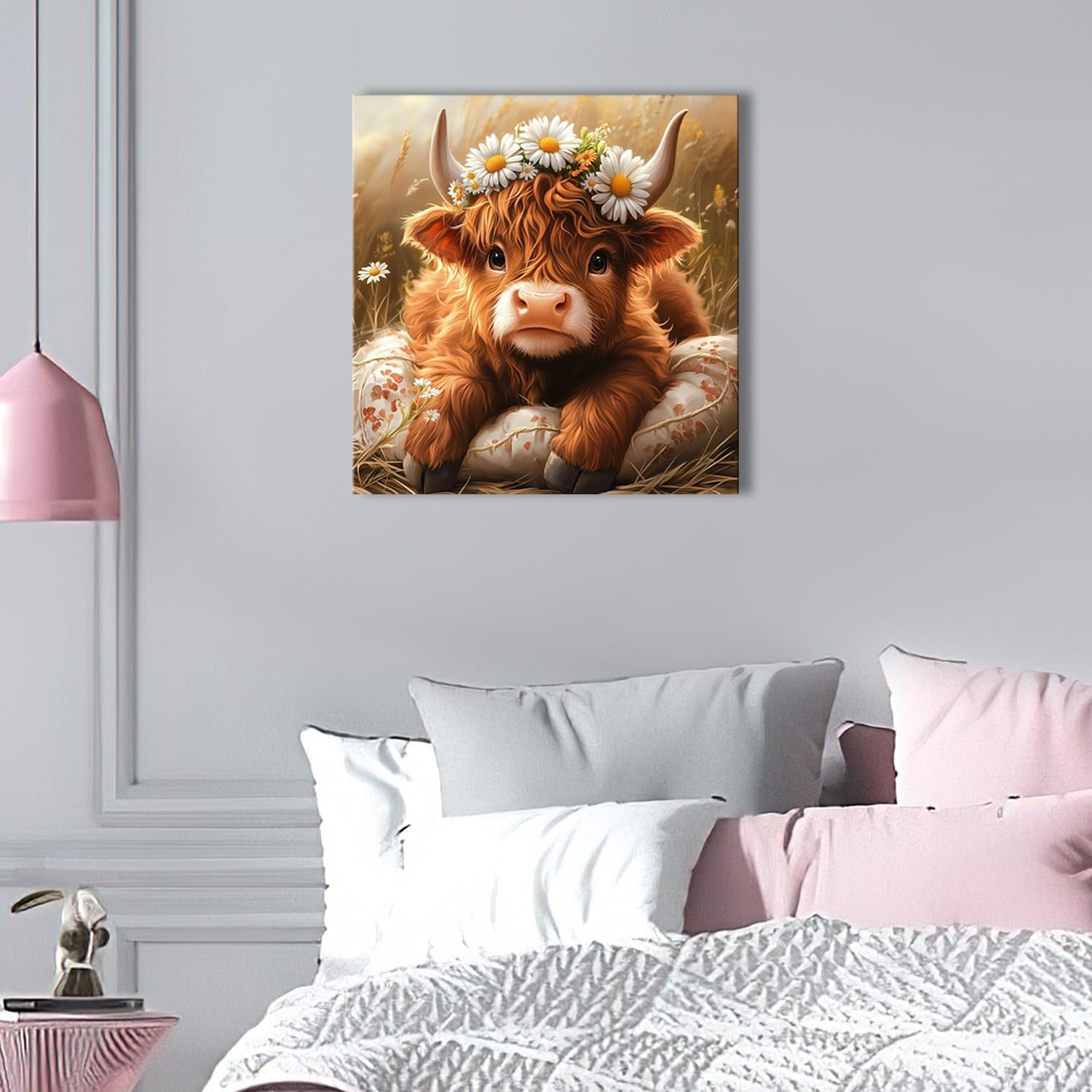 Ypxzzj Cute Colf with Daisy Crown Farm Canvas Wall Art Rustic Highland Cow Poster Picture Wall Decor Vintage Farmhouse Style Decor for Living Room Bedroom Nursery Room (20''x20'')