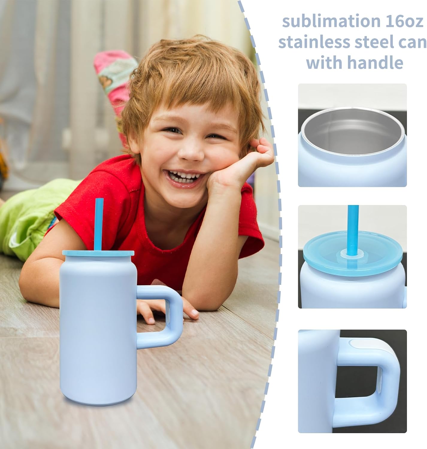 4 Pack 16 oz Sublimation Tumblers with Handle and Straw for Kids, Stainless Steel Sublimation Tumblers Bulk with Lids, Vacuum Insulated Iced Coffee Cups for DIY Craft Heat Press Print (Blue,4 pack) - Image 3