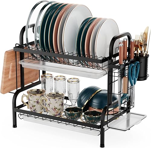 iSPECLE Escurridor de platos, escurridor de platos de 2 niveles con soporte para tazas y soporte para tabla de cortar, escurridor de platos con