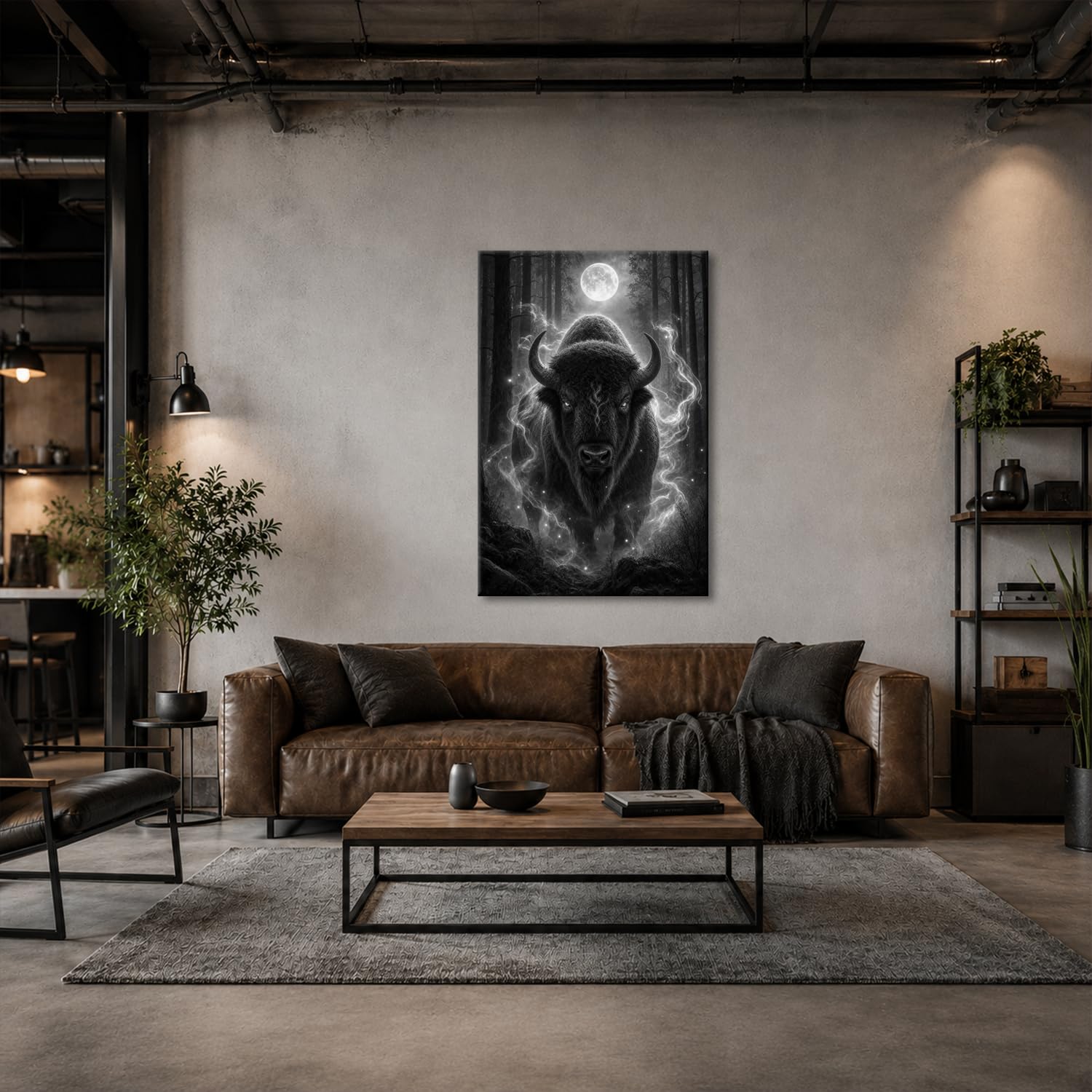 Obraz na płótnie Bison ze świecącymi oczami w pełni księżyca 80 x 60 cm czarno-biały