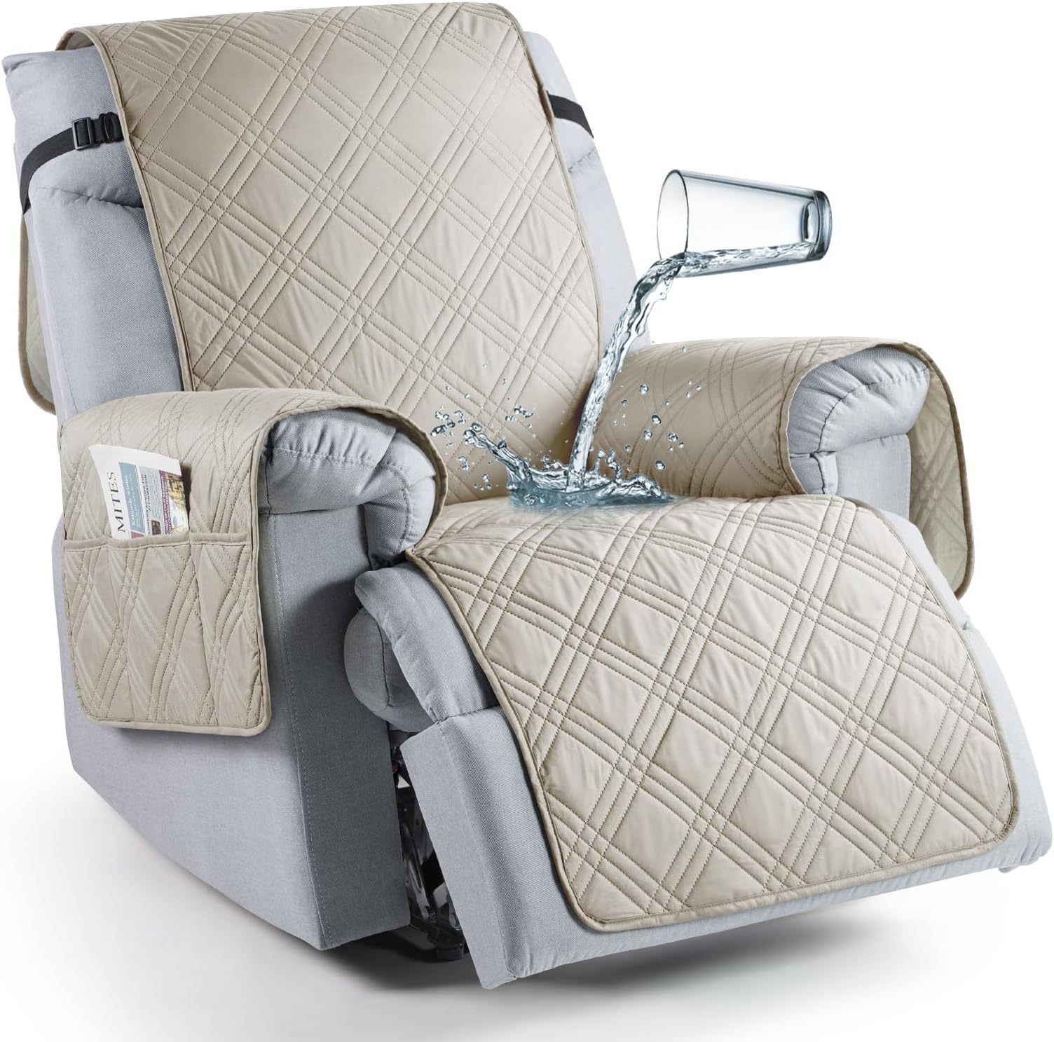 TAOCOCO 100% Waterproof Recliner Chair Cover, Non Slip Recliner Covers for Recliner Chair with Pocket, Washable Reclining Chair Cover Furniture Protector for Kids, Pets(23.6'', Cream)